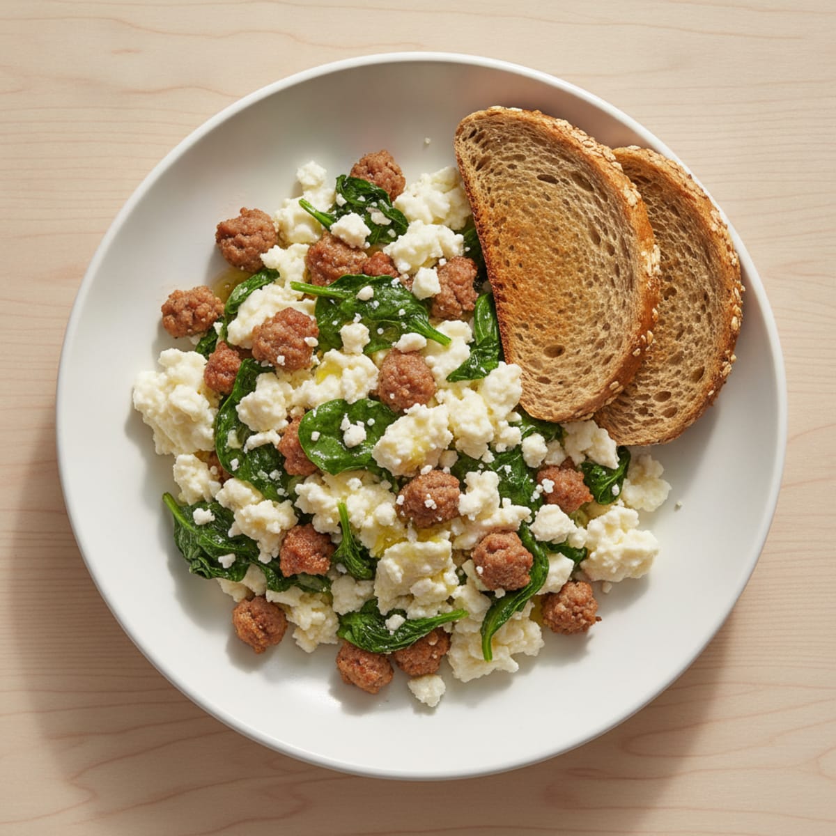 Egg White and Turkey Sausage Scramble with Spinach and Feta