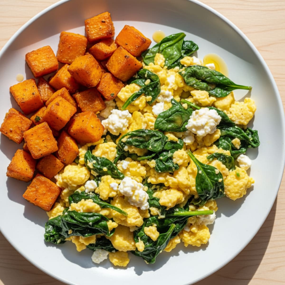Cottage Cheese Scramble with Spinach and Roasted Sweet Potato