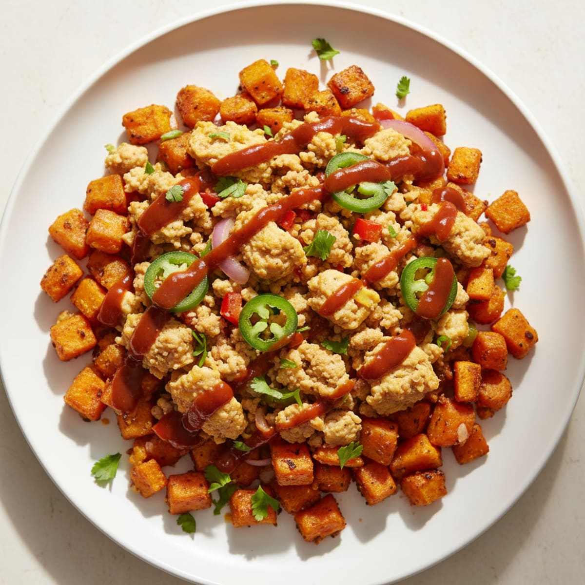 Spicy Chicken Scramble with Sweet Potato Hash
