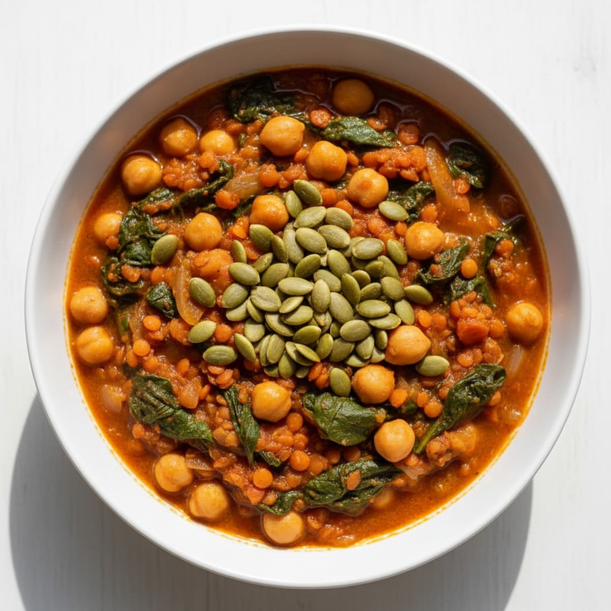 Lentil and Chickpea Stew with Leafy Greens and Pumpkin Seeds