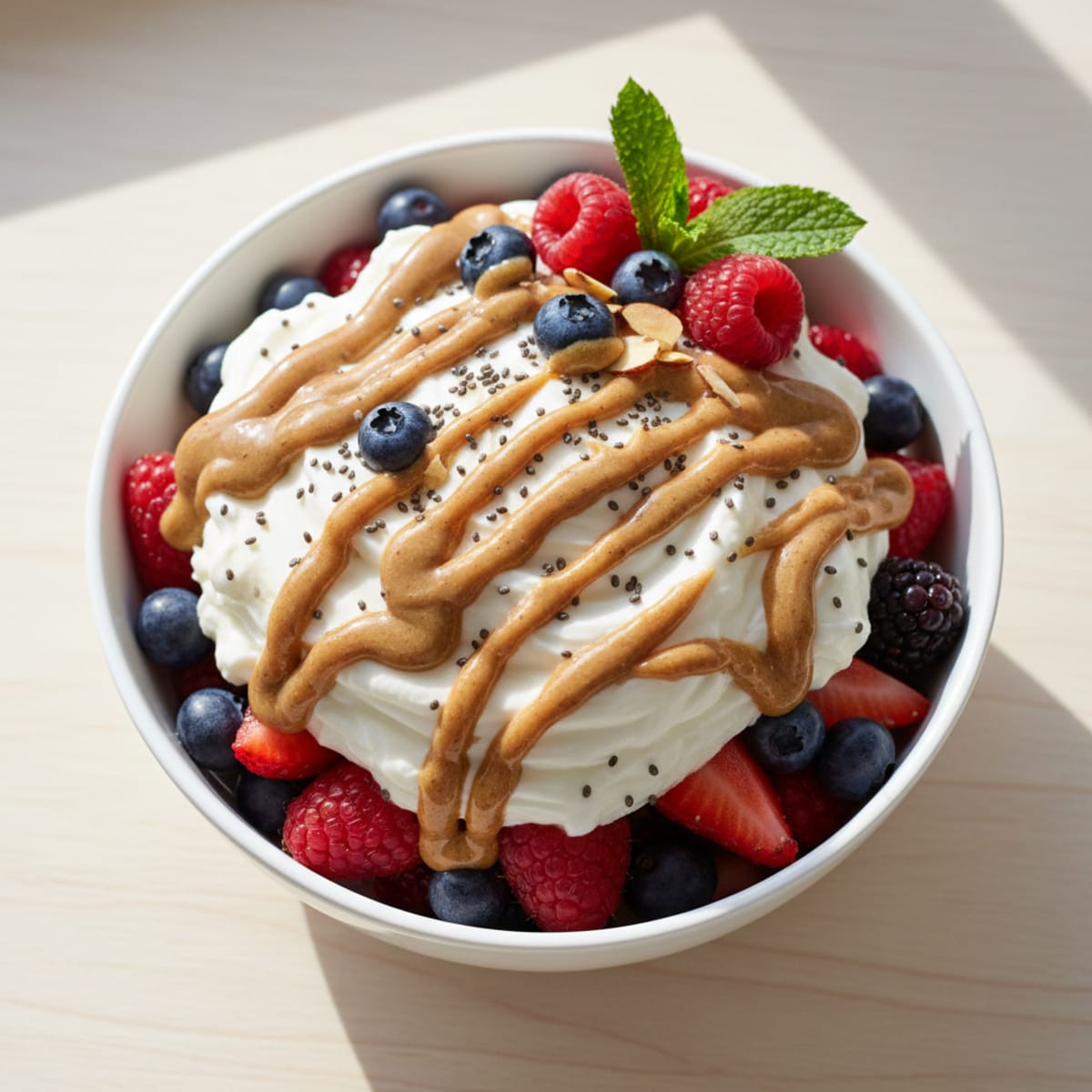 Greek Yogurt Protein Parfait with Mixed Berries and Almond Butter