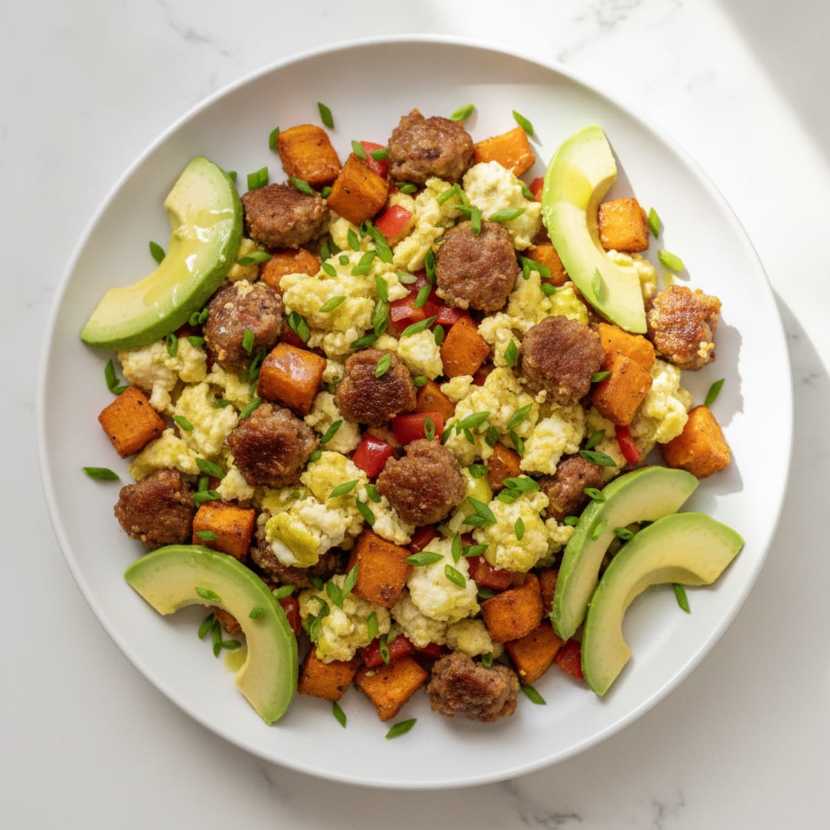Crispy Turkey Sausage and Egg White Scramble with Roasted Sweet Potato