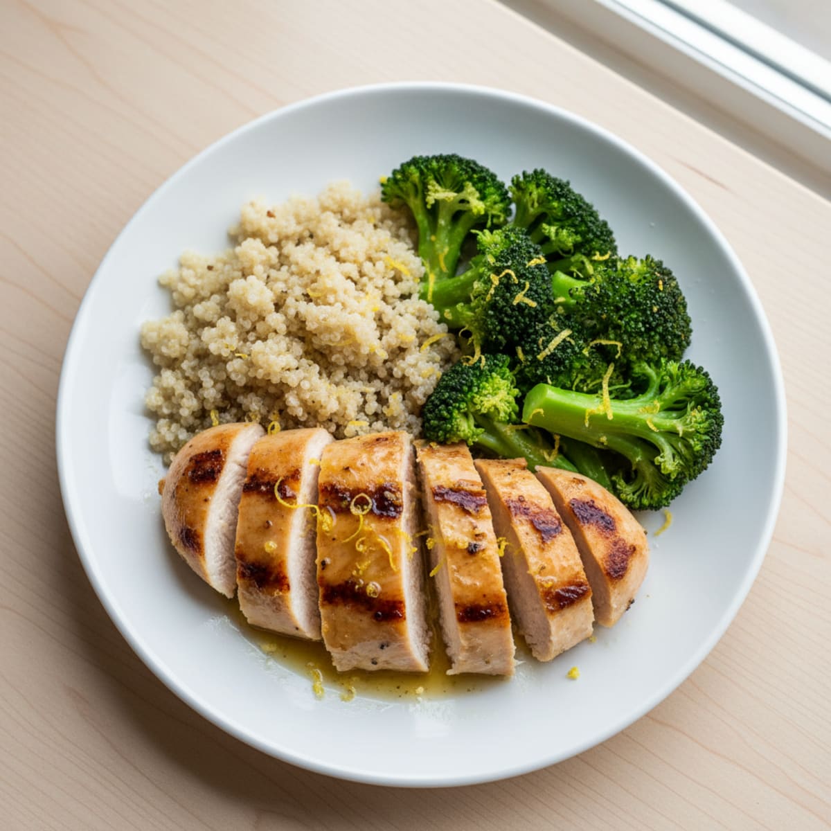Grilled Lemon Garlic Chicken Breast with Quinoa and Steamed Broccoli