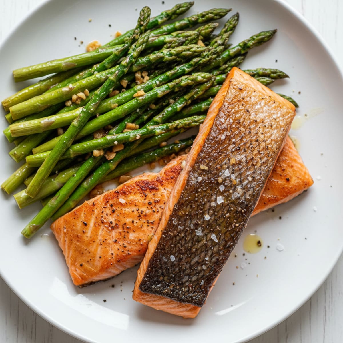 Pan-Seared Wild Salmon with Roasted Garlic Asparagus