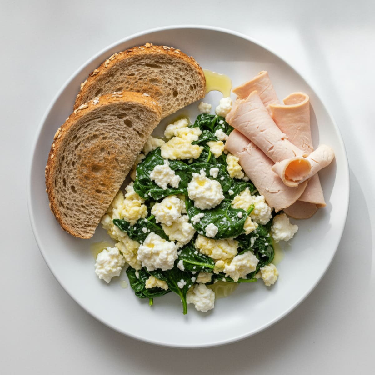 Egg White and Spinach Scramble with Cottage Cheese and Sliced Turkey