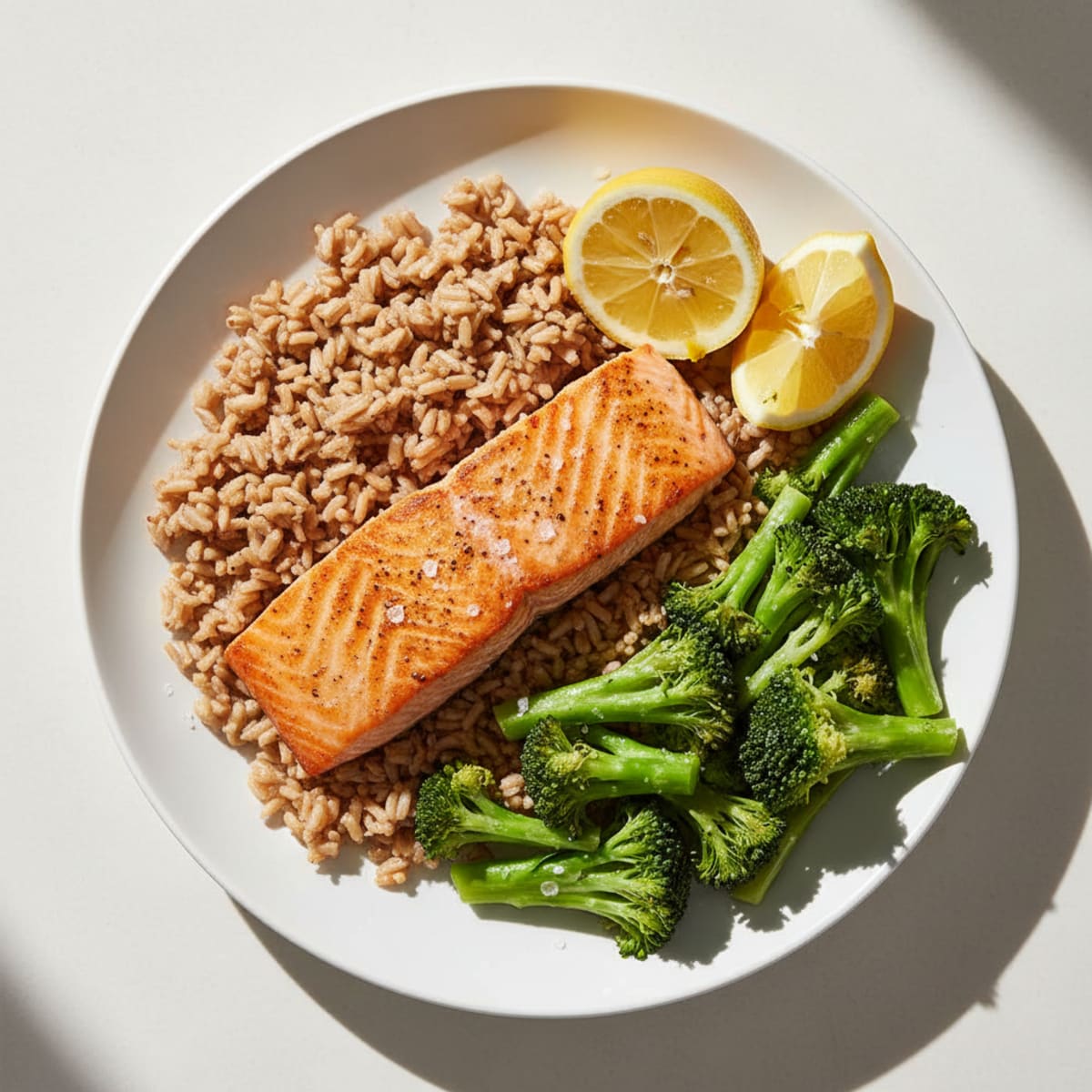 Seared Salmon with Steamed Broccoli and Brown Rice