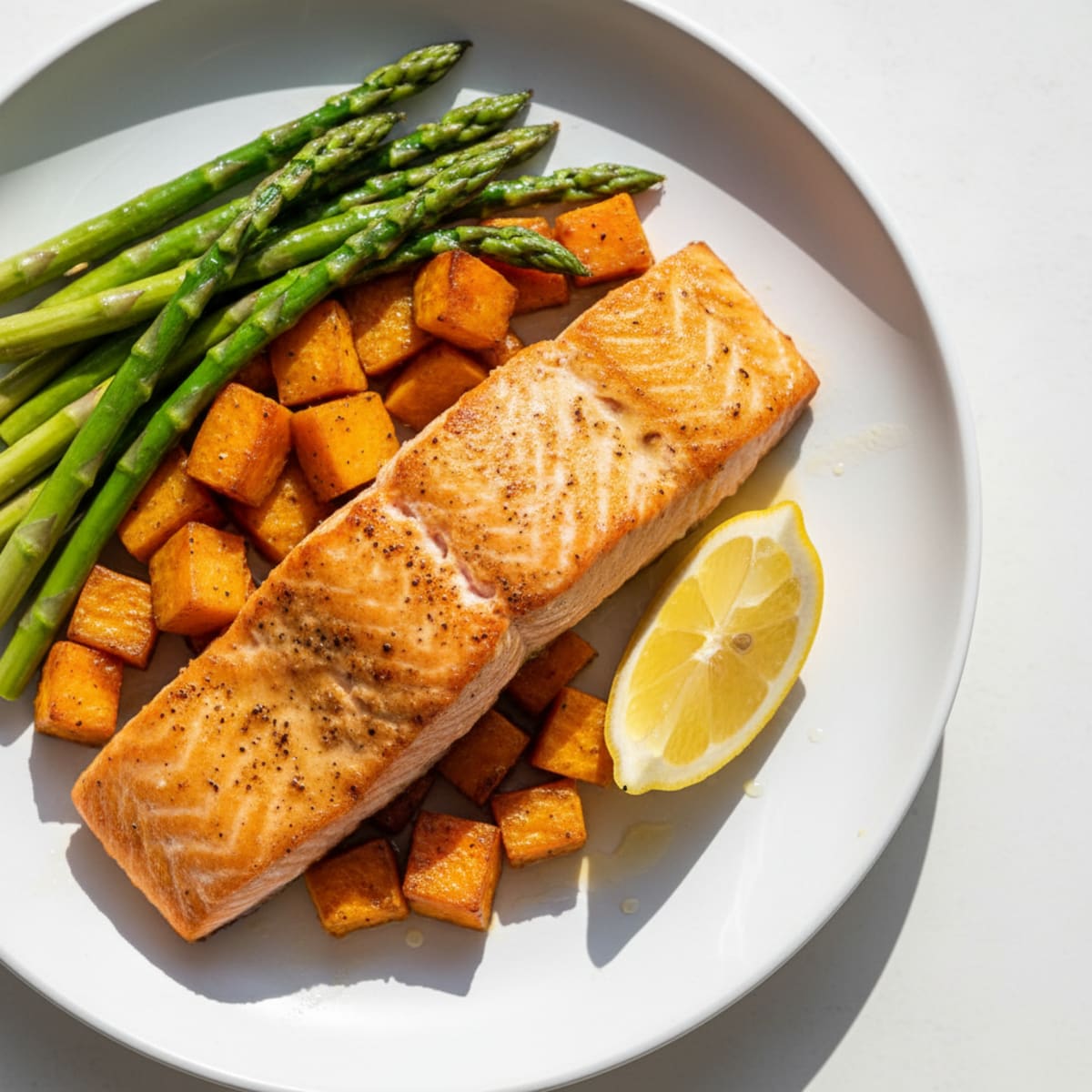 Seared Salmon with Roasted Sweet Potato and Asparagus