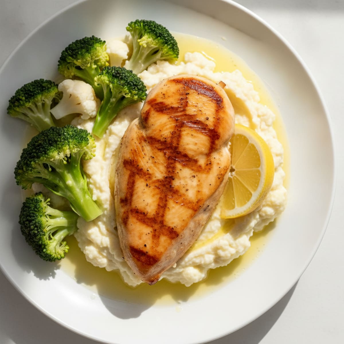 Seared Chicken Breast with Steamed Broccoli and Cauliflower Mash