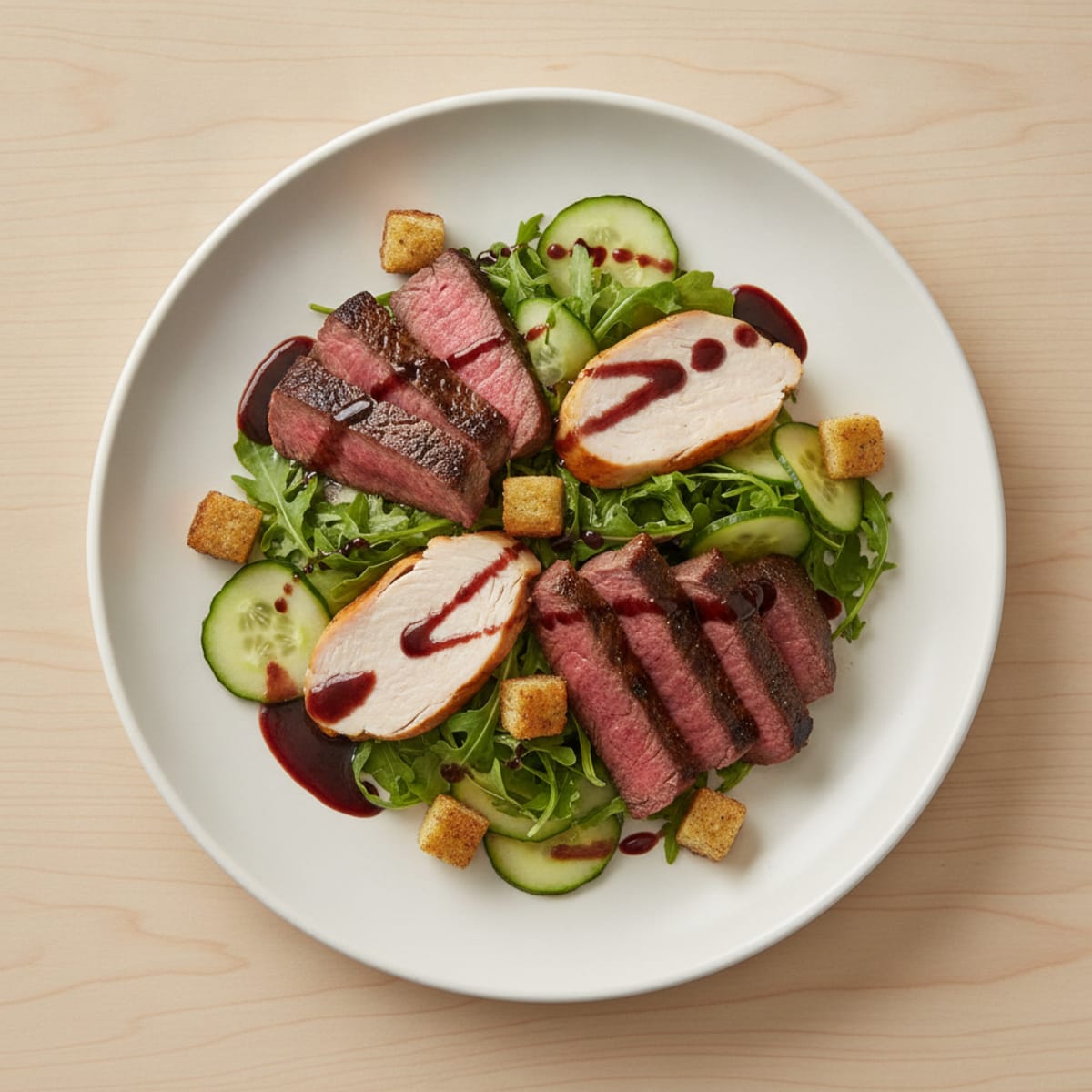 Seared Steak with Roasted Turkey and Warm Arugula-Cucumber Medley