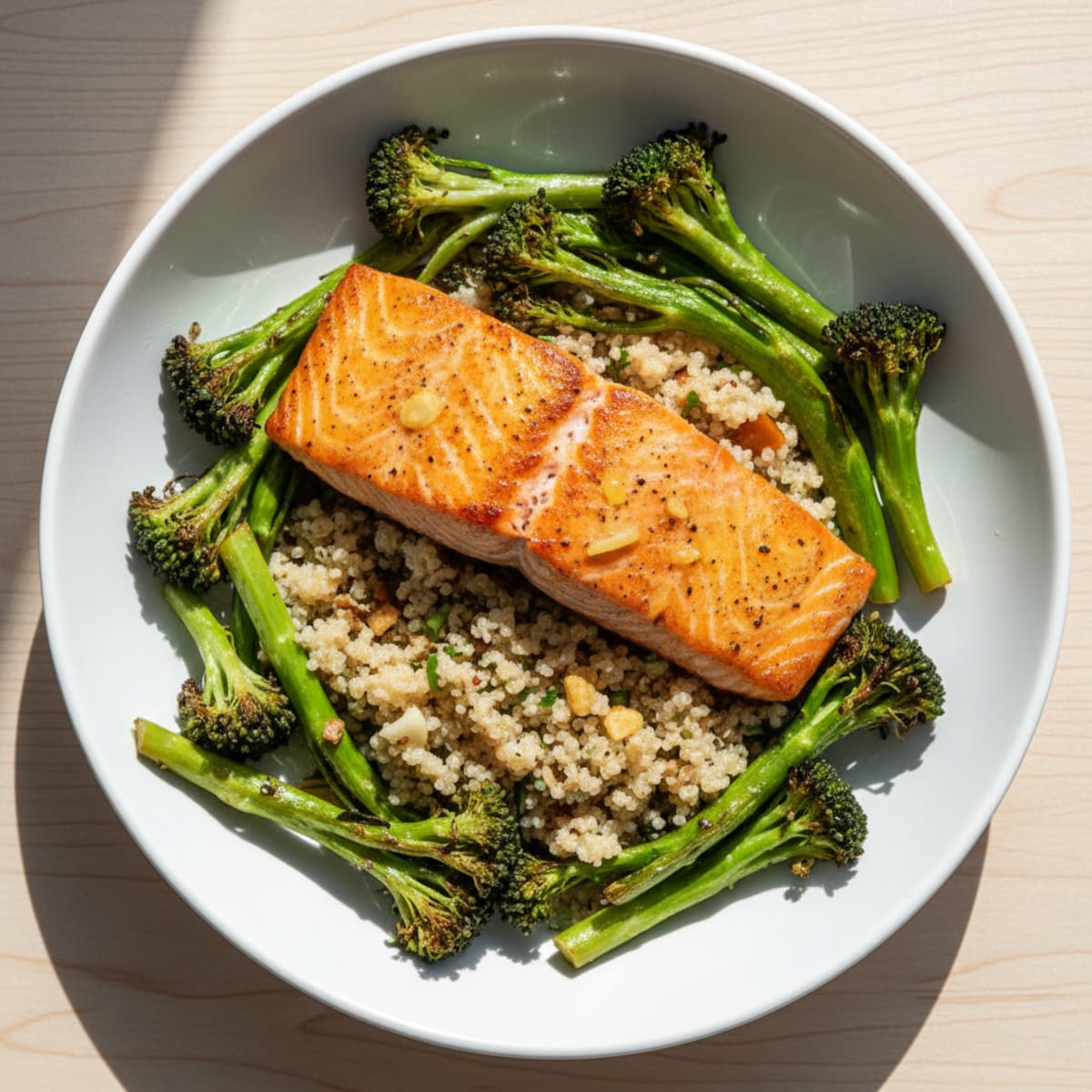 Seared Salmon with Roasted Broccoli and Garlic Quinoa