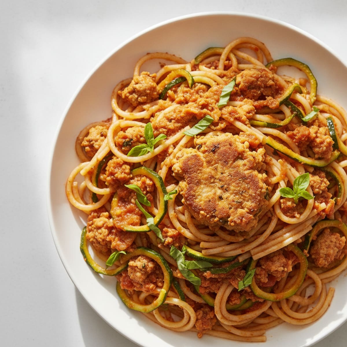 Lean Turkey Spaghetti and Zucchini Noodles with Tomato Sauce