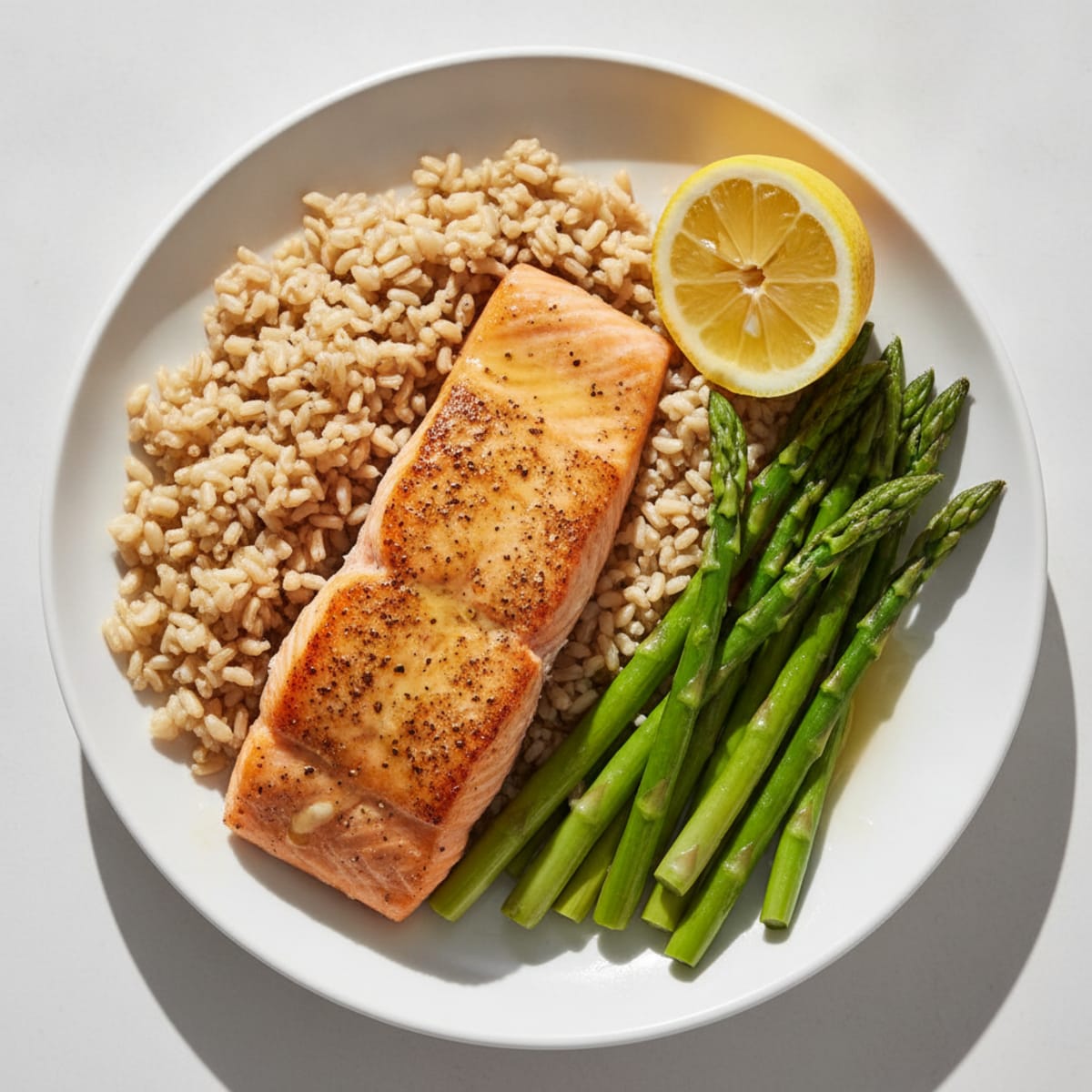 Seared Salmon Fillet with Steamed Asparagus and Brown Rice