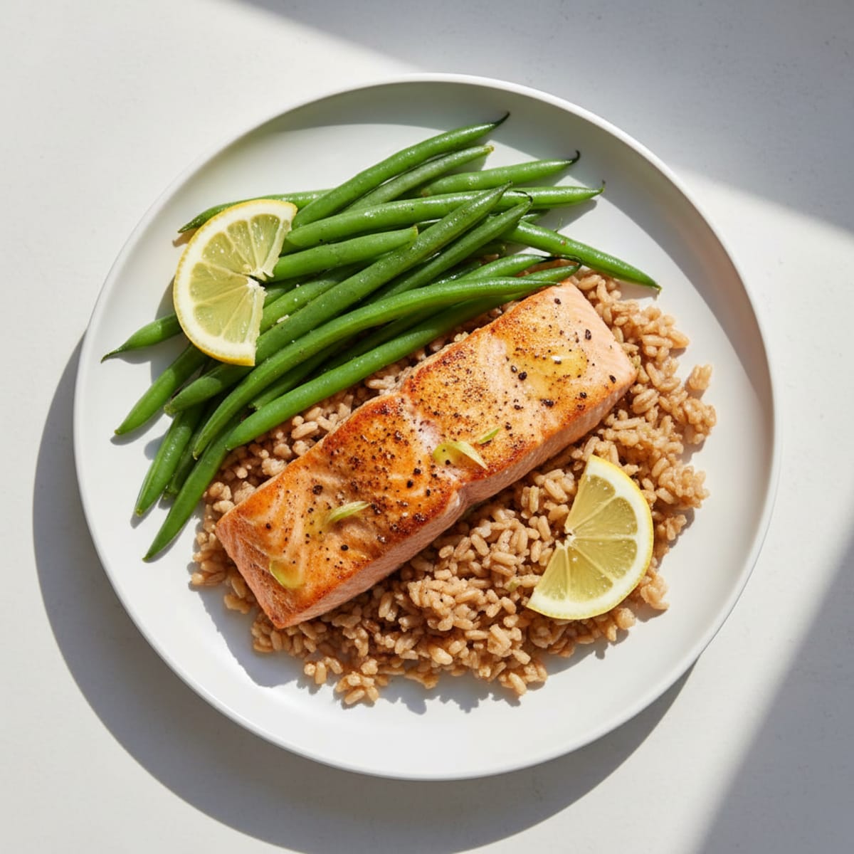 Seared Salmon Fillet with Steamed Green Beans and Brown Rice