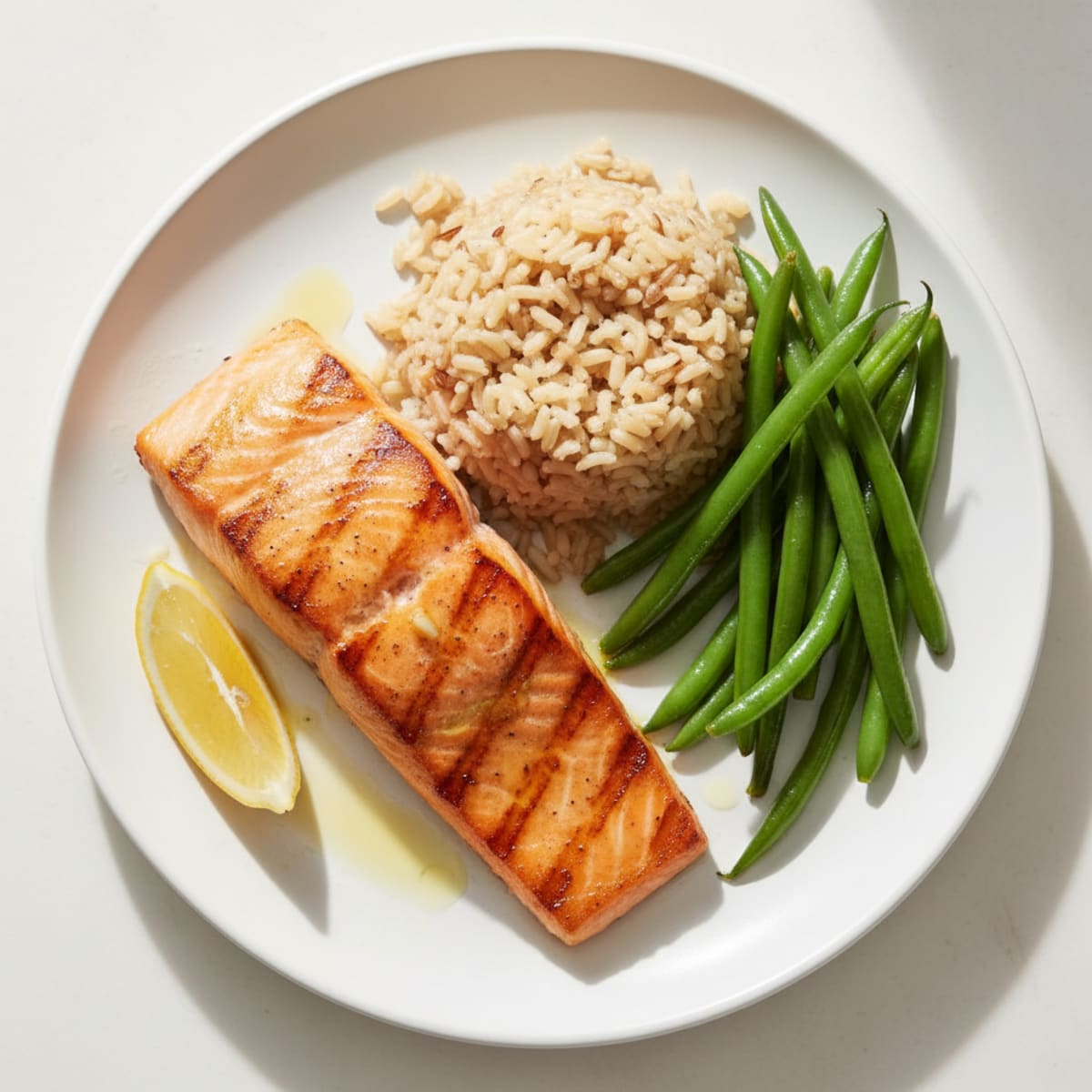 Seared Salmon with Steamed Green Beans and Brown Rice
