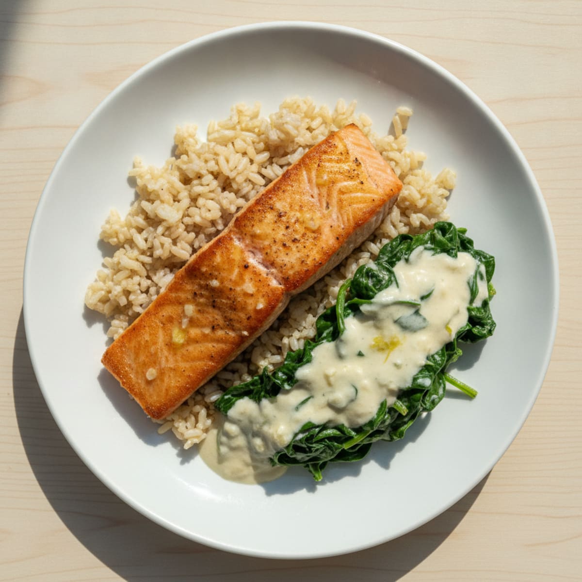 Seared Salmon with Creamy Garlic Spinach and Brown Rice