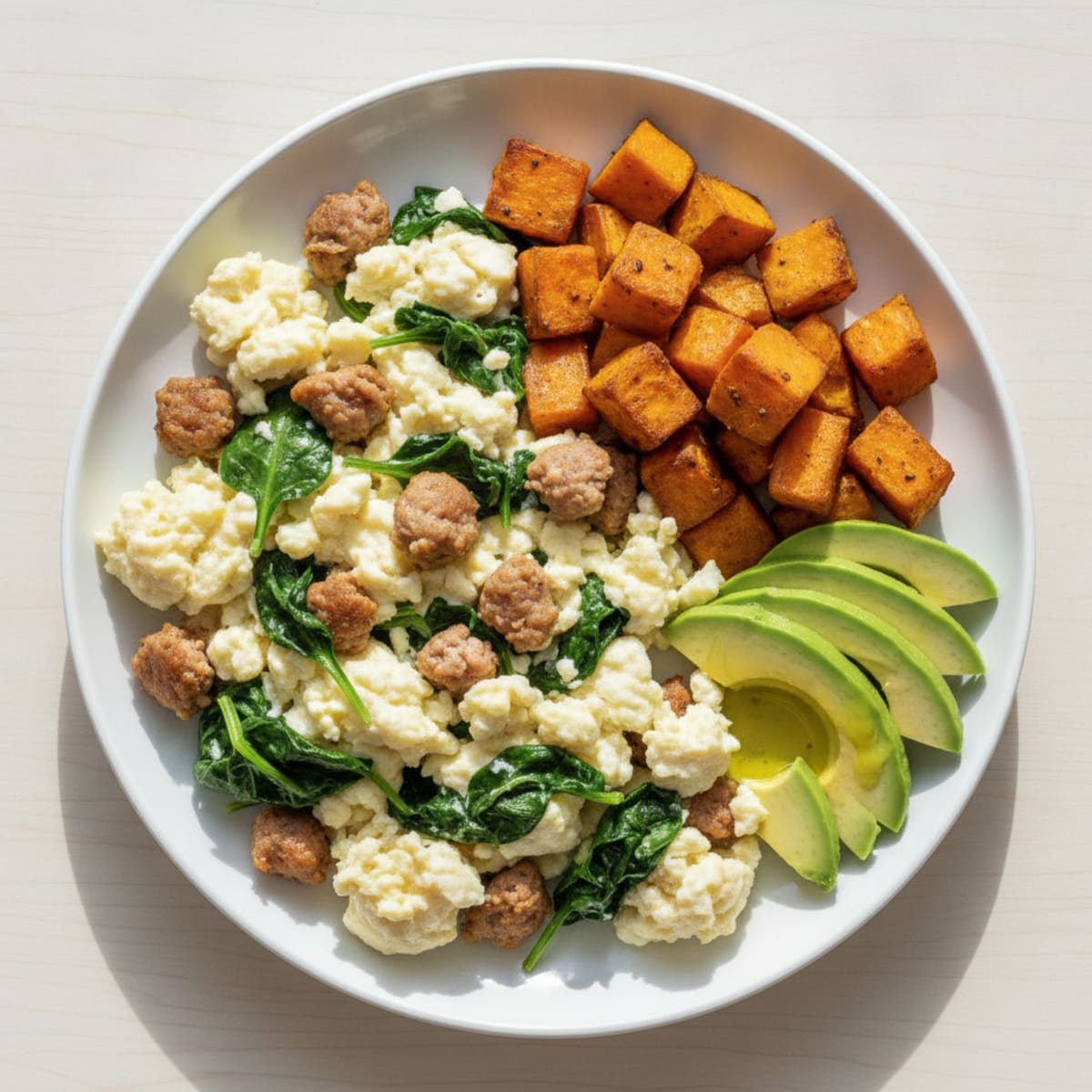 Egg White Scramble with Turkey Sausage and Sautéed Spinach