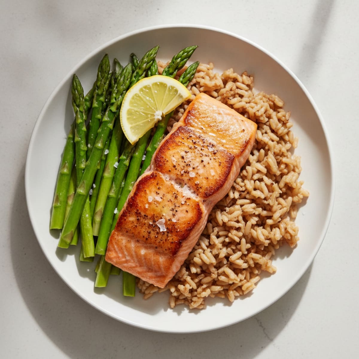 Seared Salmon with Steamed Asparagus and Brown Rice
