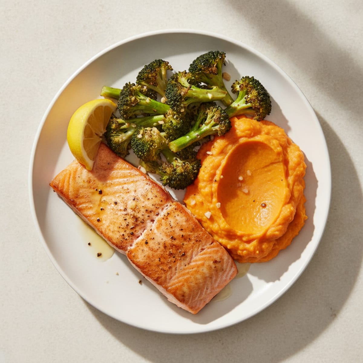 Seared Salmon with Roasted Broccoli and Sweet Potato Mash