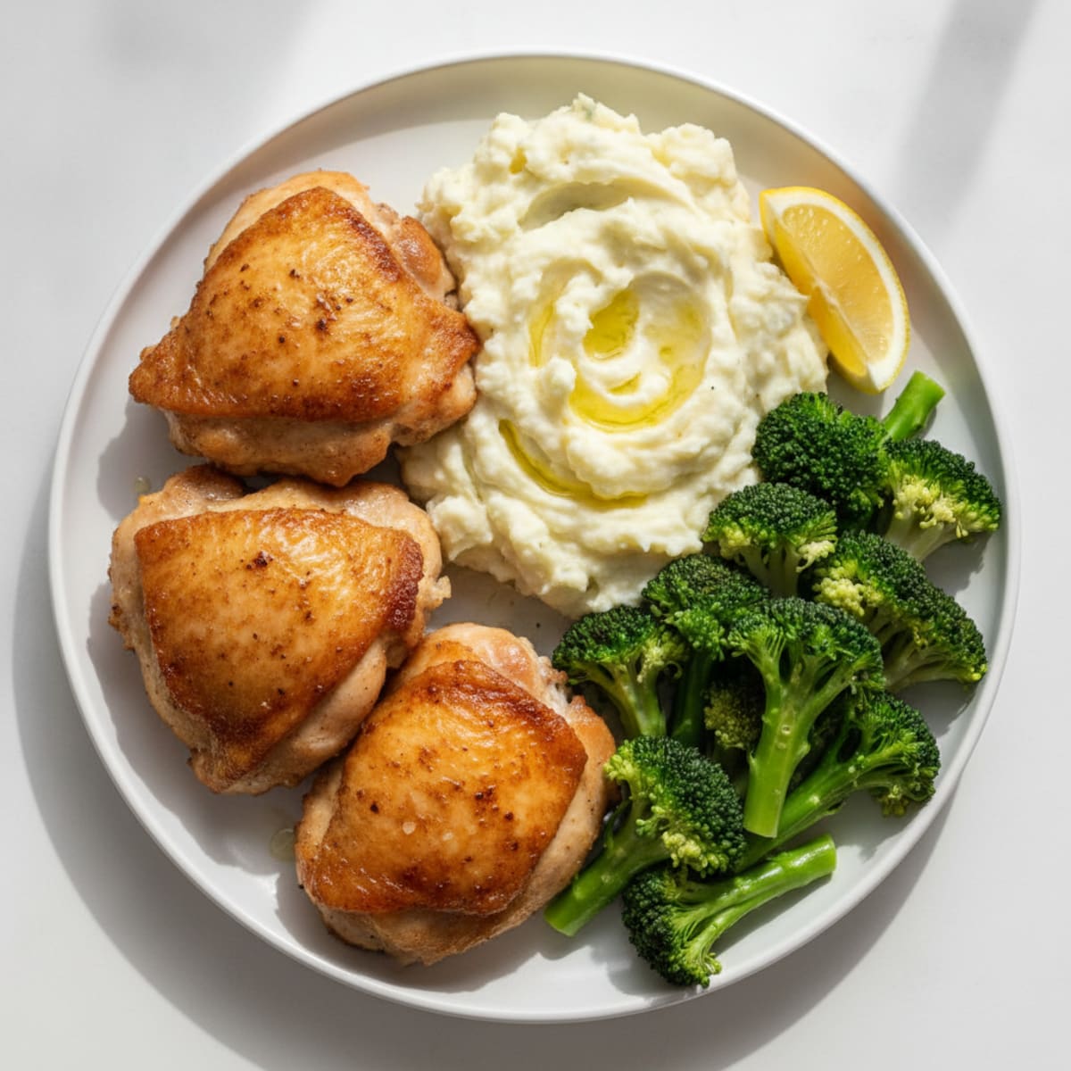 Seared Chicken Thighs with Steamed Broccoli and Mashed Potatoes