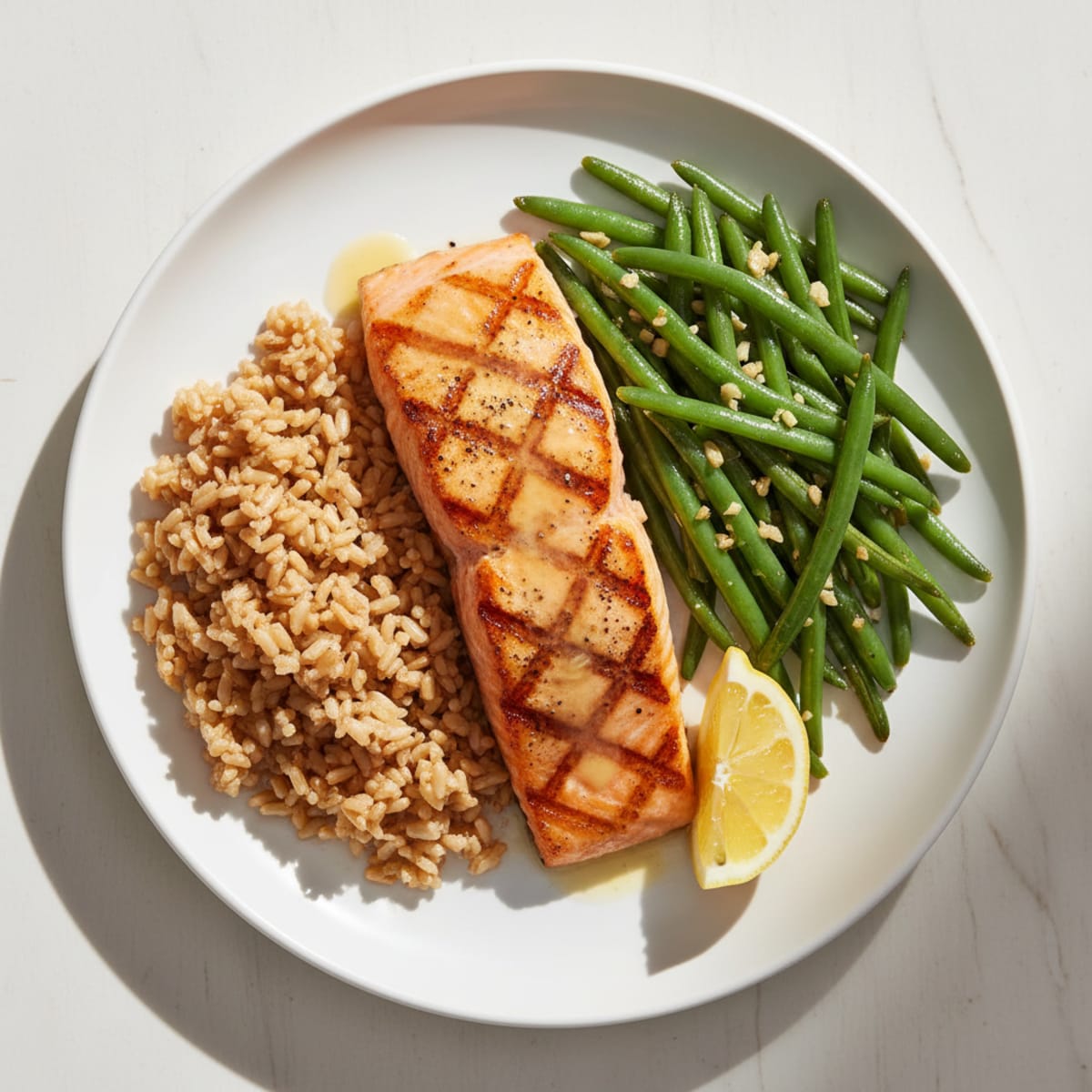 Seared Salmon Fillet with Garlic Green Beans and Brown Rice