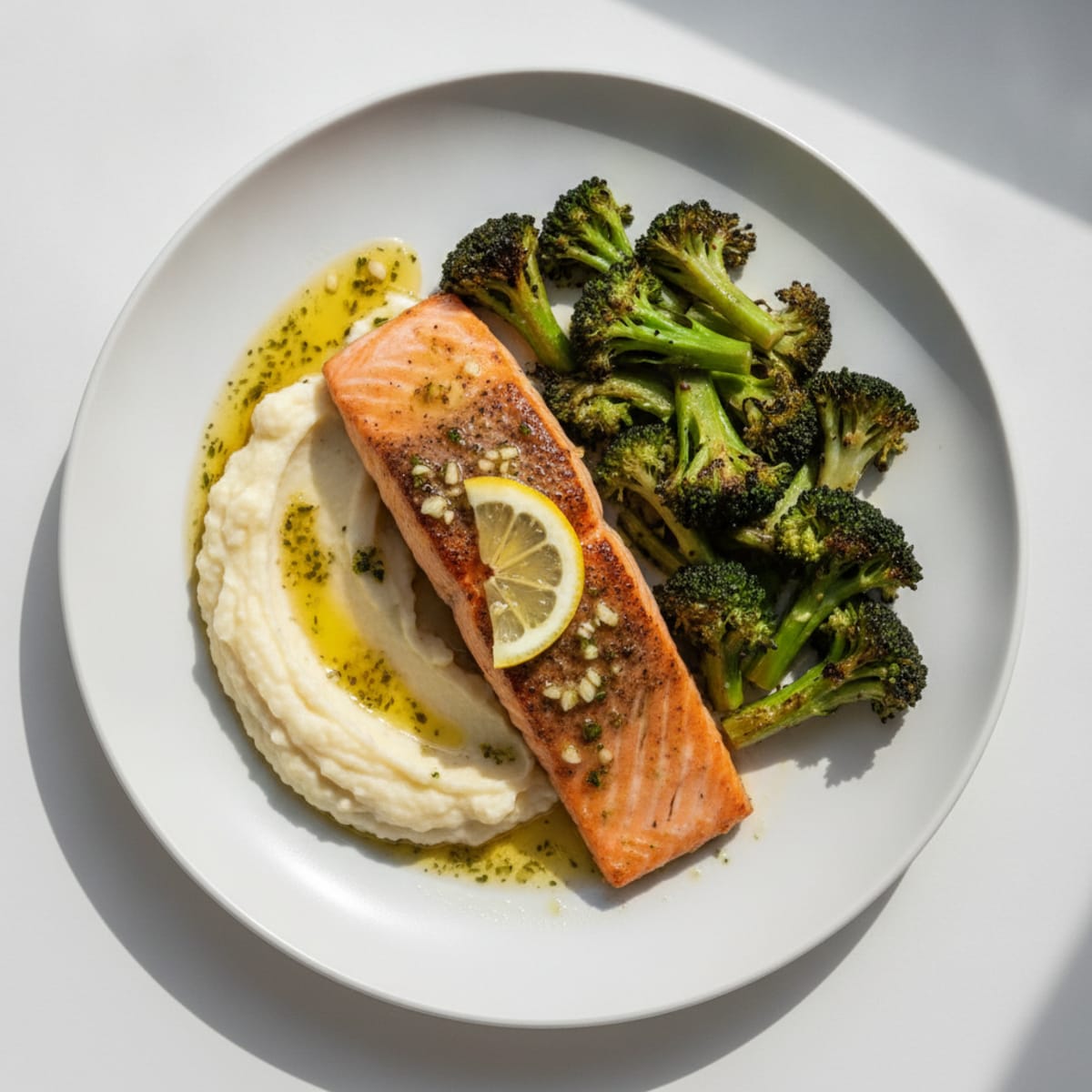 Seared Salmon with Garlic Roasted Broccoli and Creamy Mashed Cauliflower