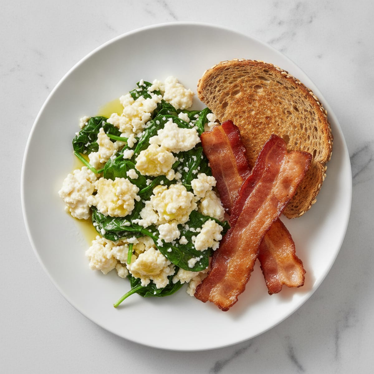 Cottage Cheese Egg Scramble with Spinach and Turkey Bacon