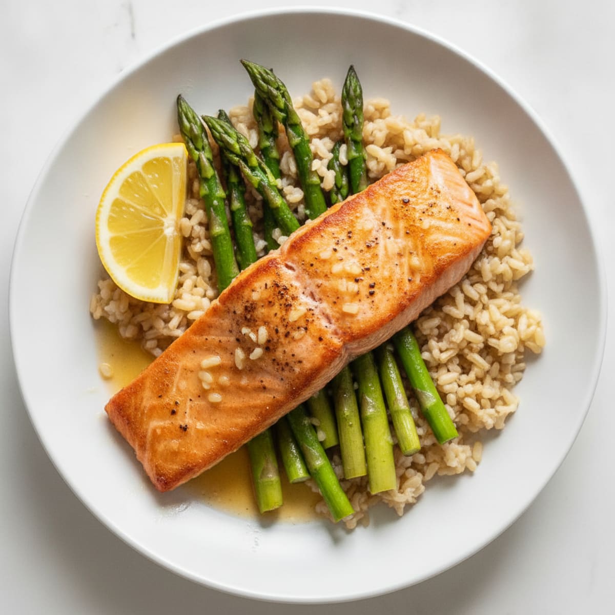 Seared Salmon with Lemon Garlic Asparagus and Brown Rice