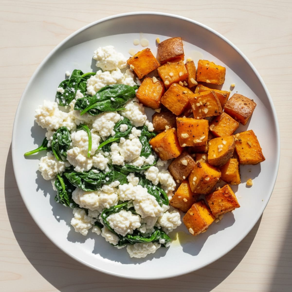 Egg White and Cottage Cheese Scramble with Sautéed Spinach and Roasted Sweet Potatoes