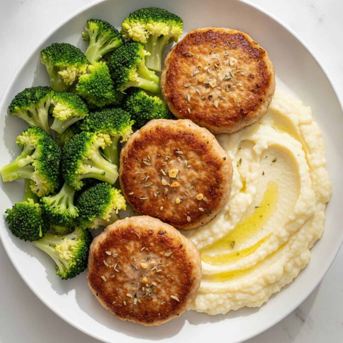 Seared Turkey Patties with Steamed Broccoli and Cauliflower Mash