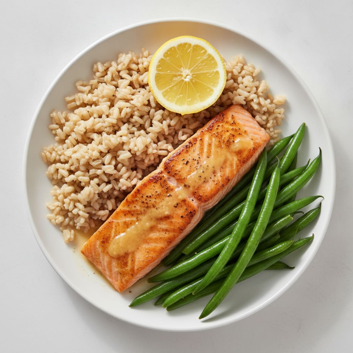 Seared Salmon with Steamed Green Beans and Brown Rice