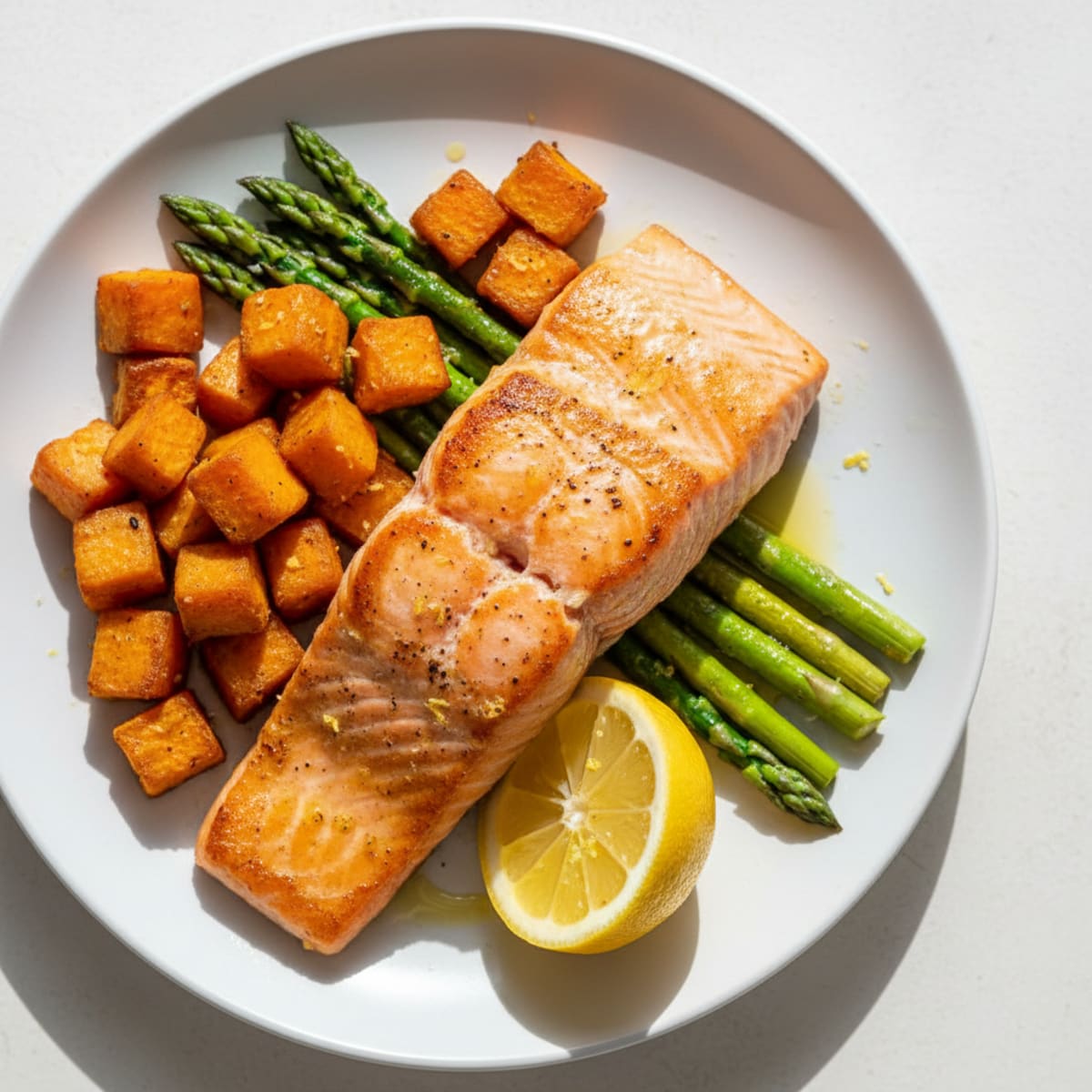 Seared Salmon Fillet with Roasted Sweet Potato and Asparagus
