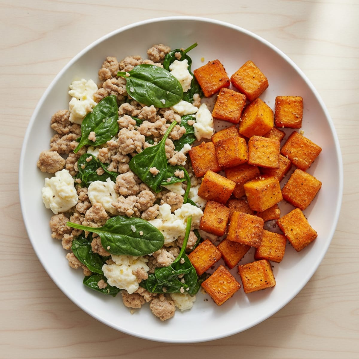 Egg White and Turkey Spinach Scramble with Roasted Sweet Potato