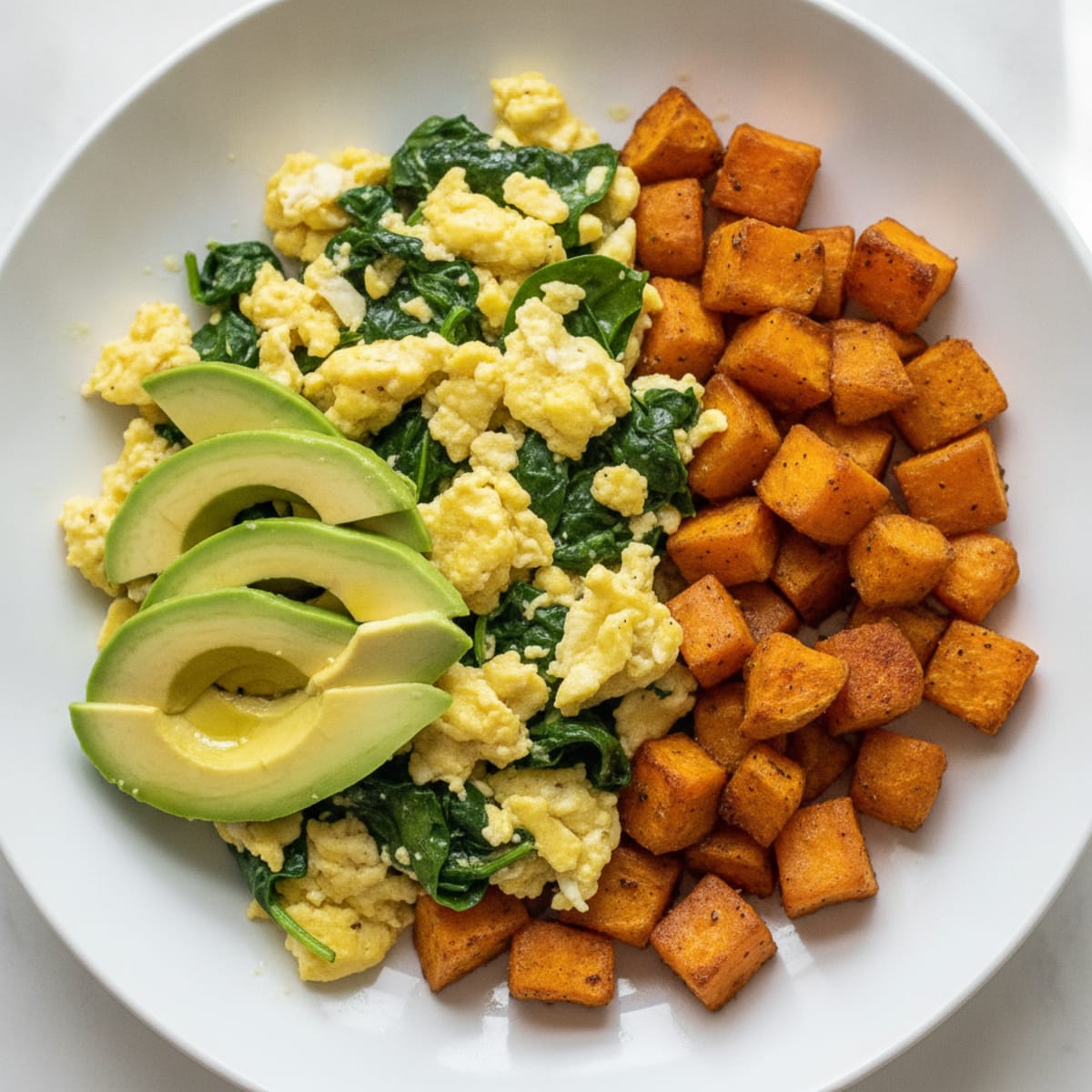 Avocado Egg Scramble with Roasted Sweet Potatoes