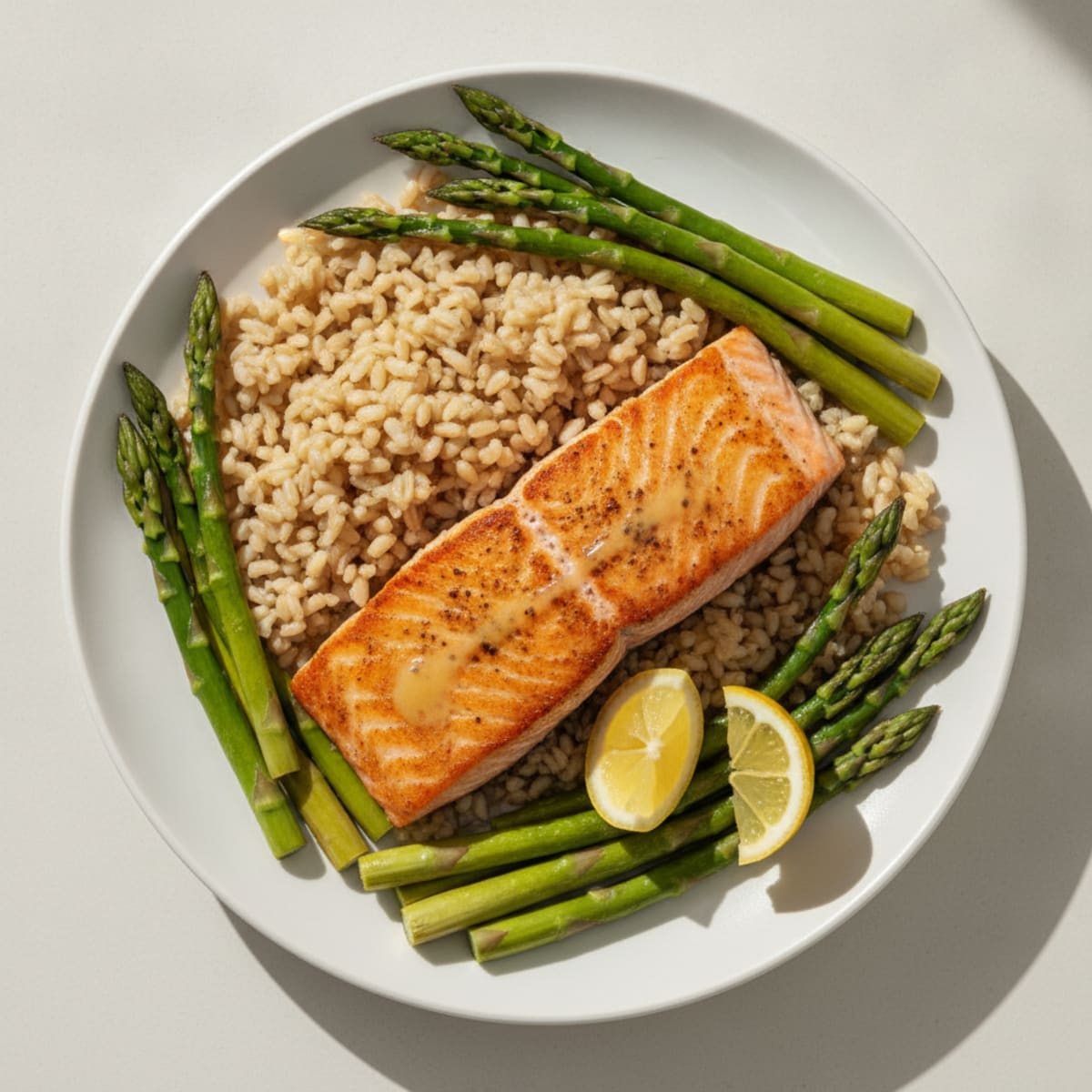 Seared Salmon with Steamed Asparagus and Brown Rice