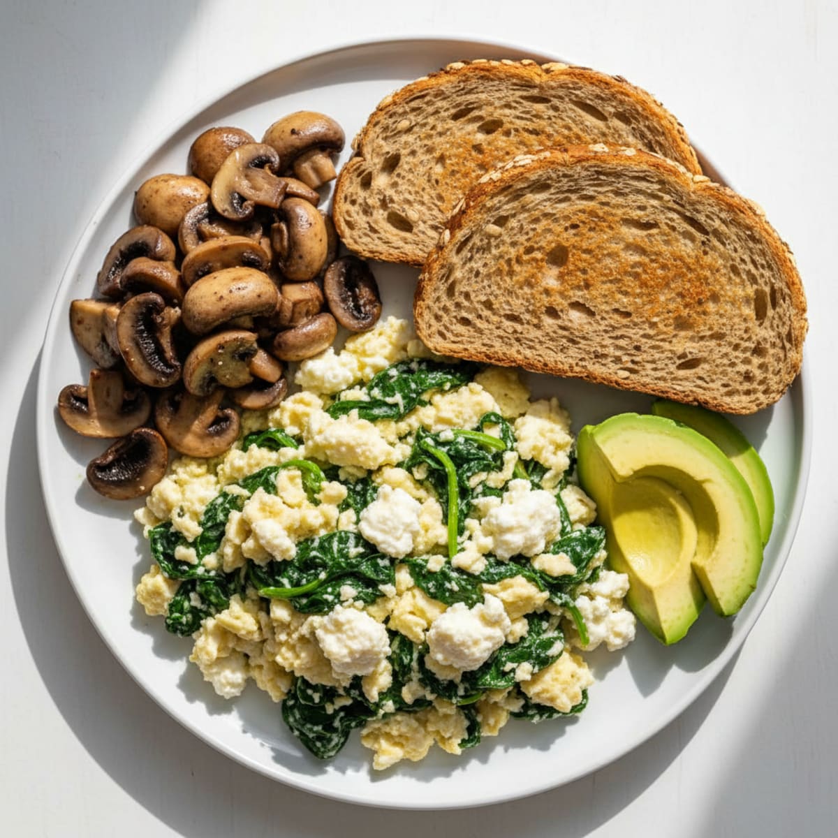 Egg White Spinach Scramble with Cottage Cheese and Sautéed Mushrooms