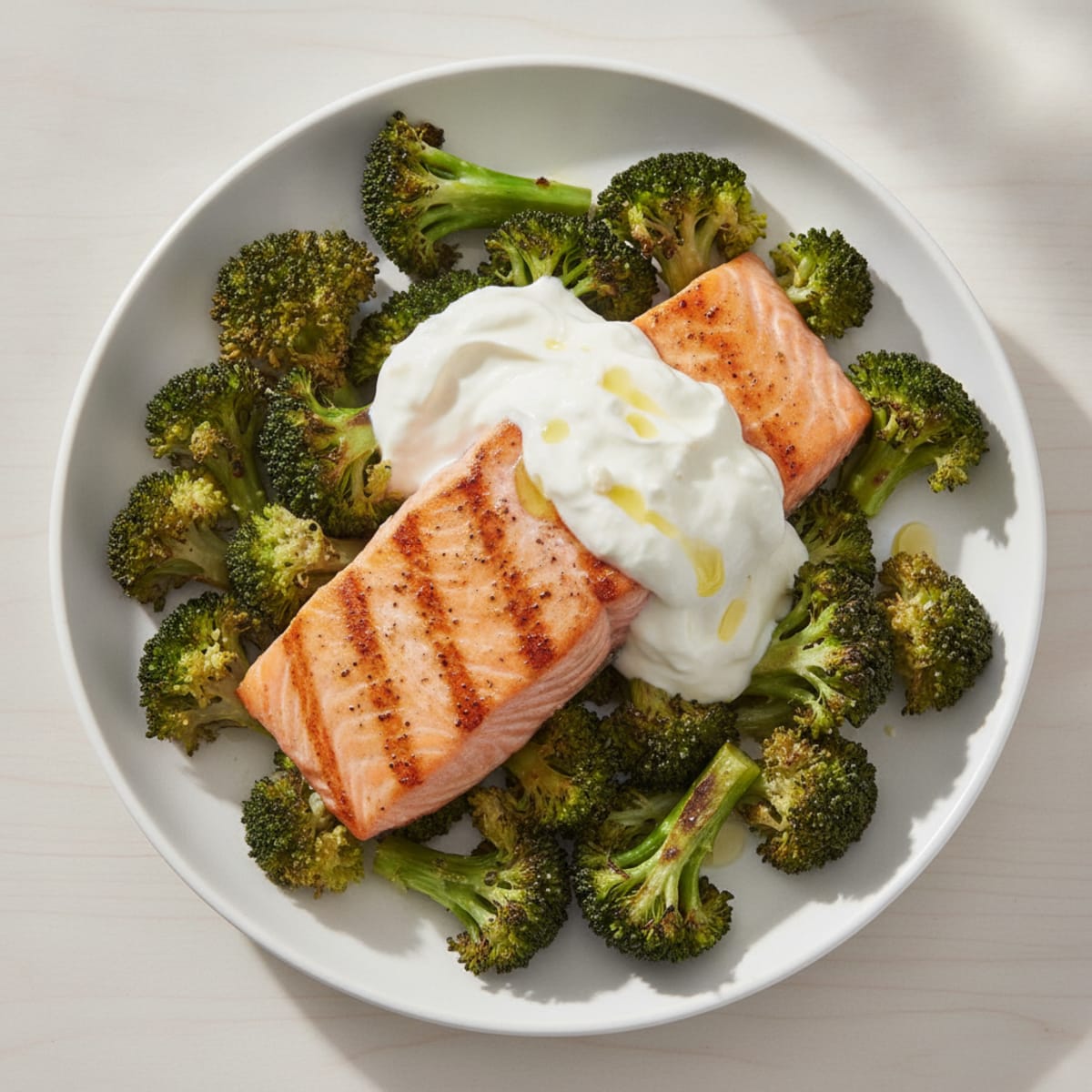 Seared Salmon with Roasted Broccoli and Lemon Yogurt Sauce