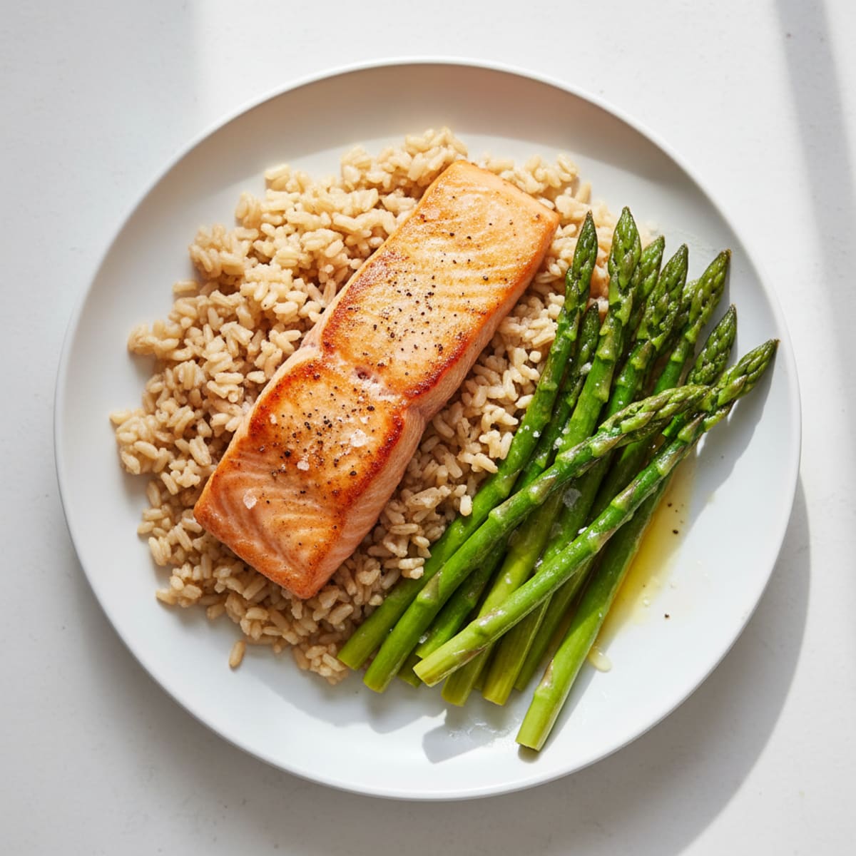 Seared Salmon Fillet with Steamed Asparagus and Brown Rice