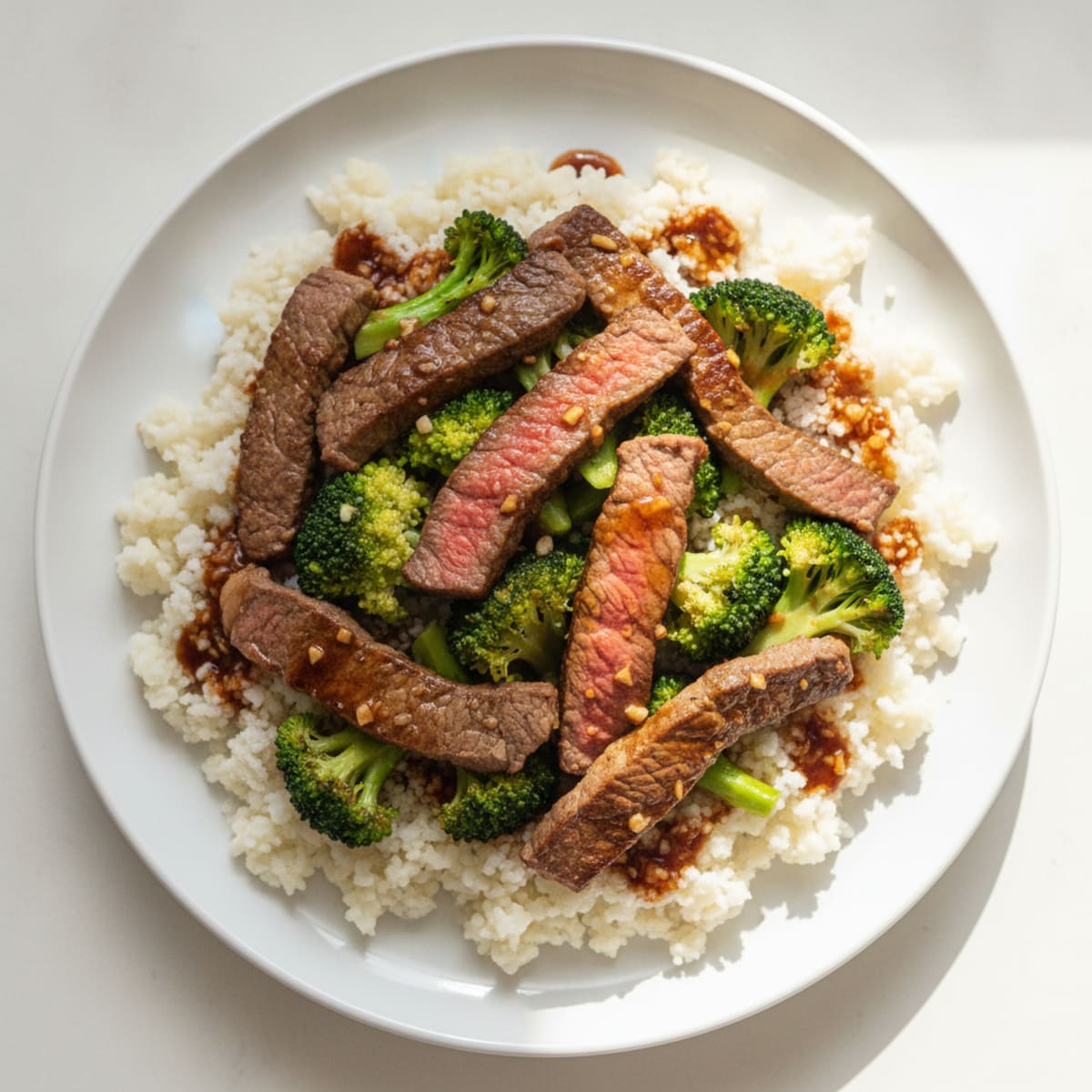 Seared Lean Beef Strips with Steamed Broccoli and Cauliflower Rice
