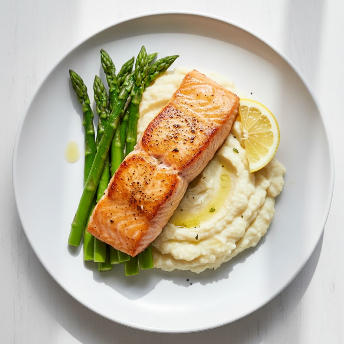 Seared Salmon with Steamed Asparagus and Garlic Cauliflower Mash