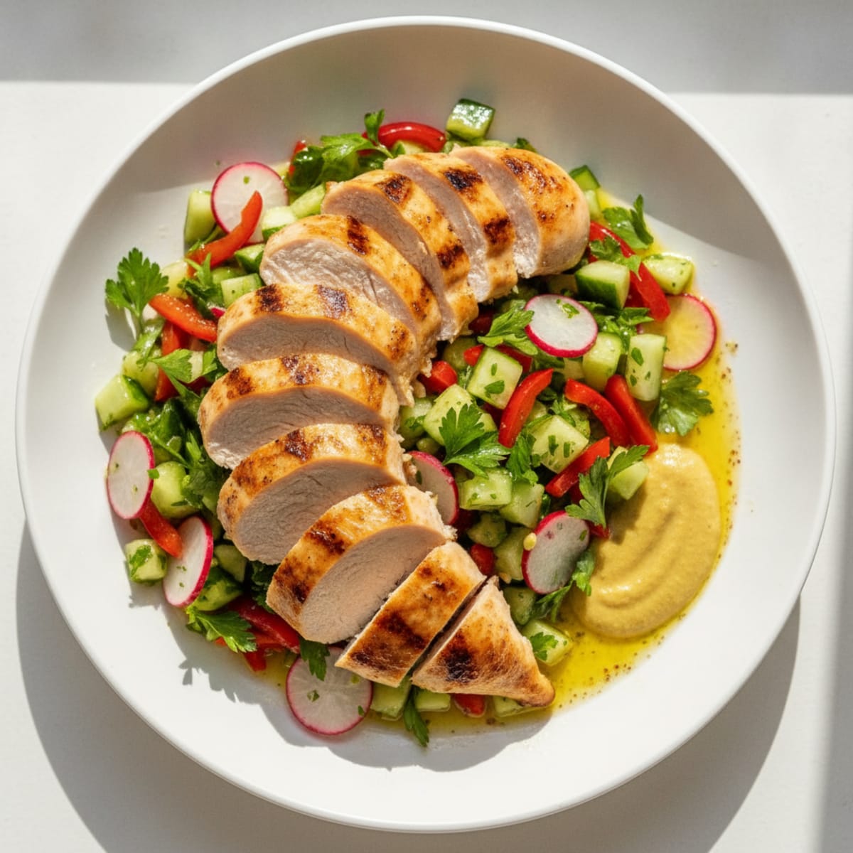 Grilled Chicken Breast with Crunchy Vegetable Salad and Lemon Vinaigrette