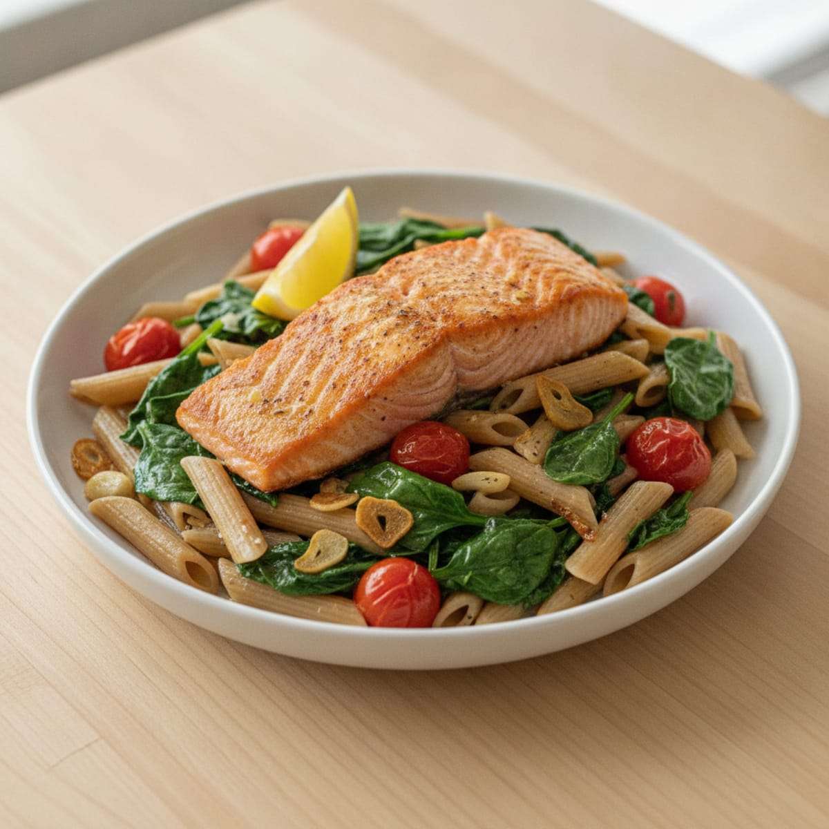 Seared Salmon with Garlic Spinach and Tomato Pasta