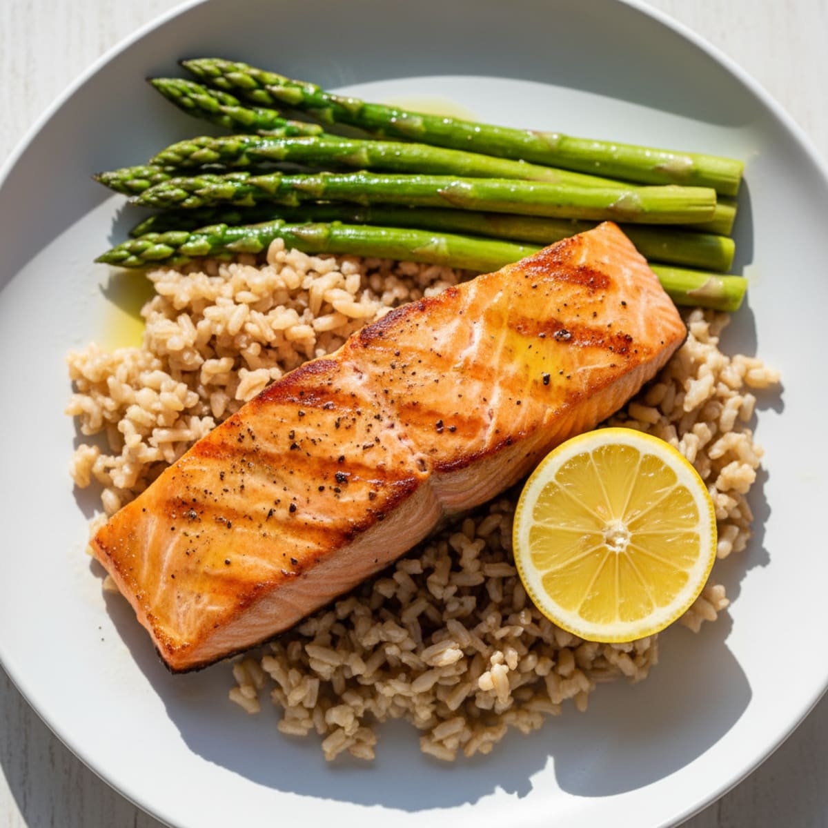 Seared Salmon Fillet with Steamed Asparagus and Brown Rice