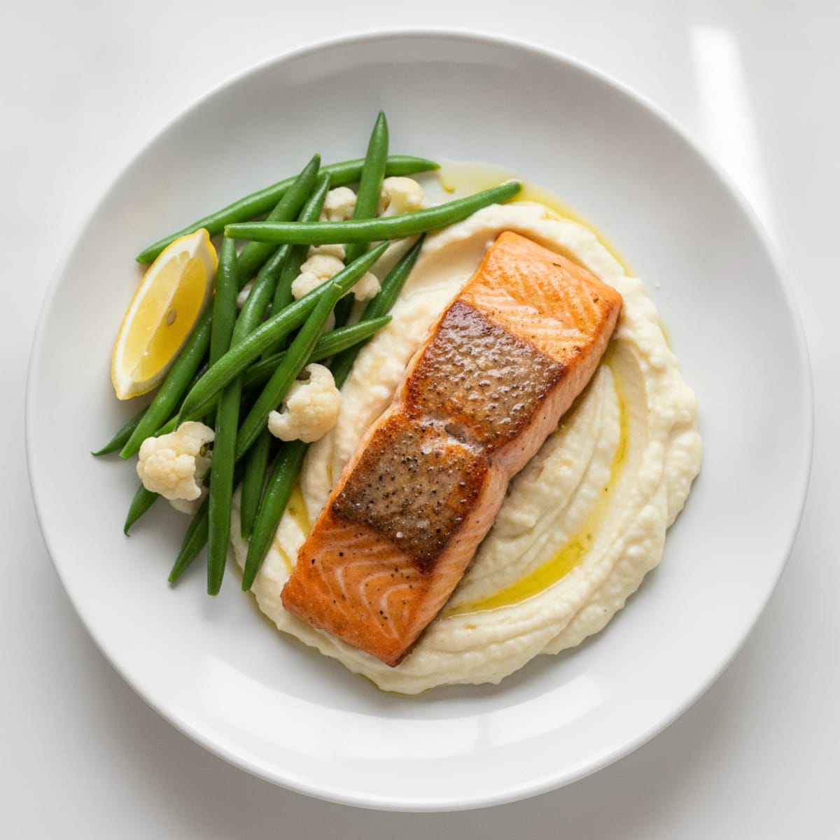 Seared Salmon Fillet with Steamed Green Beans and Cauliflower Mash