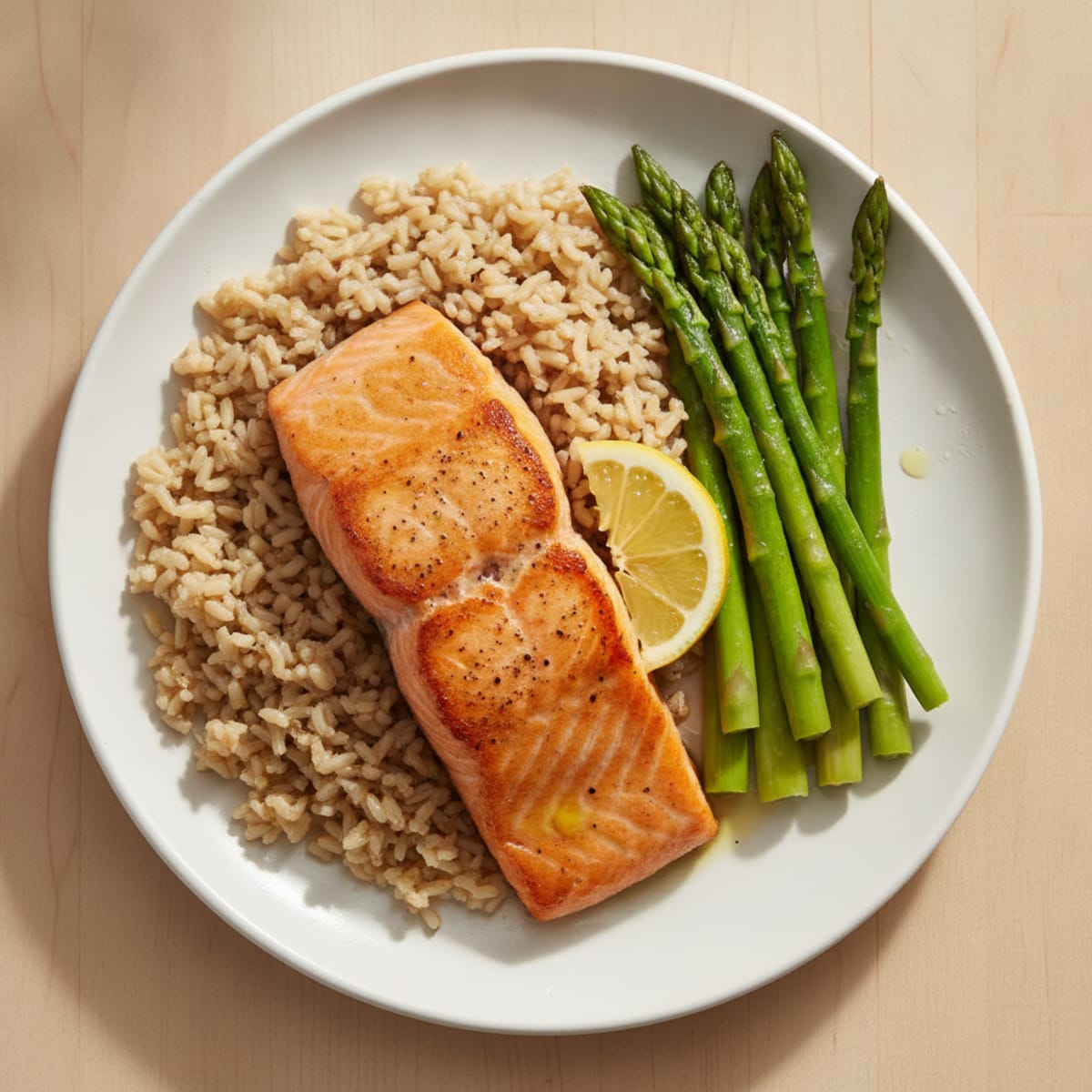 Seared Salmon with Steamed Asparagus and Brown Rice