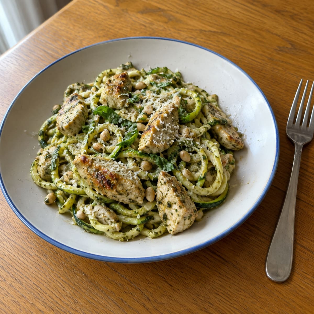 Chicken and pesto zucchini noodles