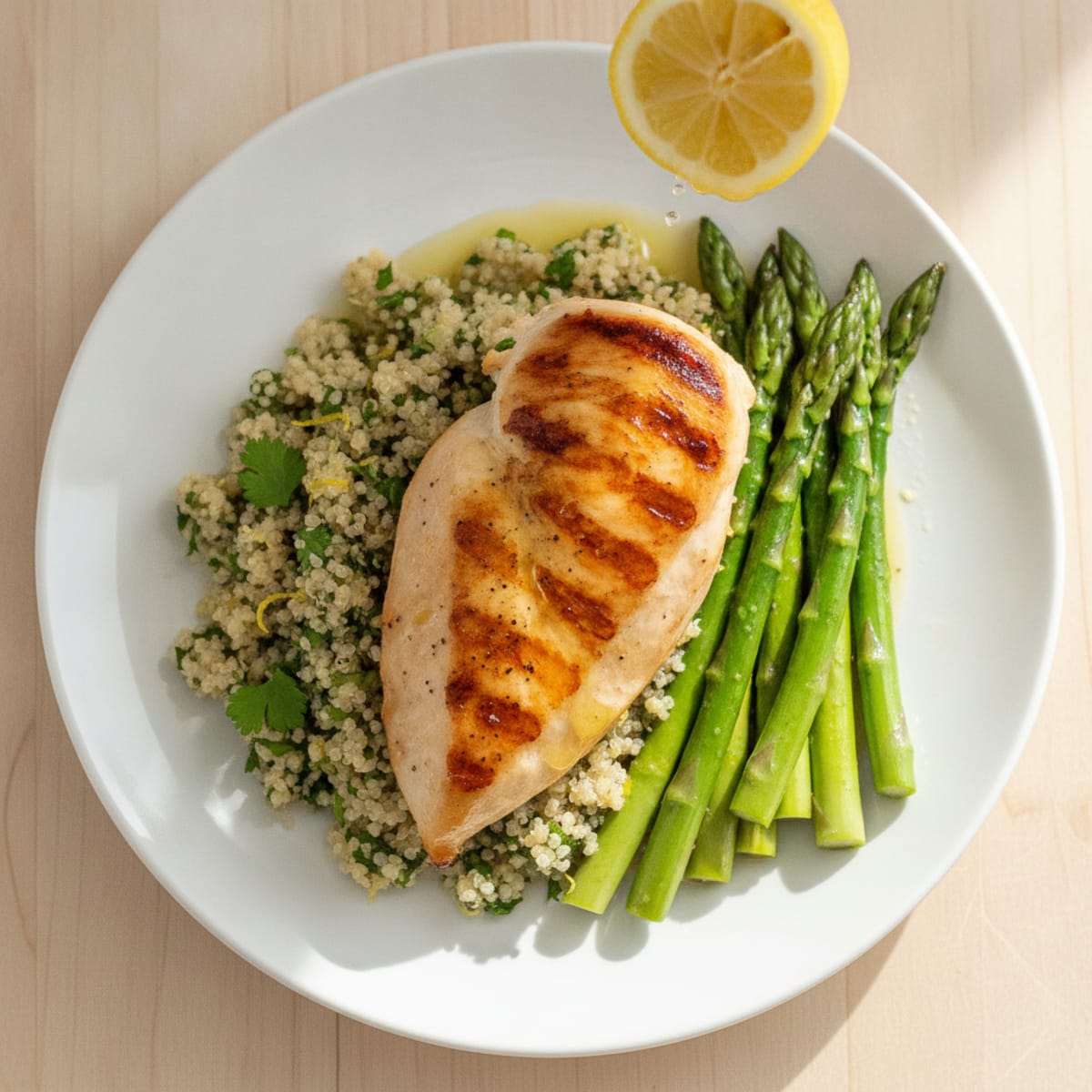 Seared Chicken Breast with Quinoa Pilaf and Steamed Asparagus