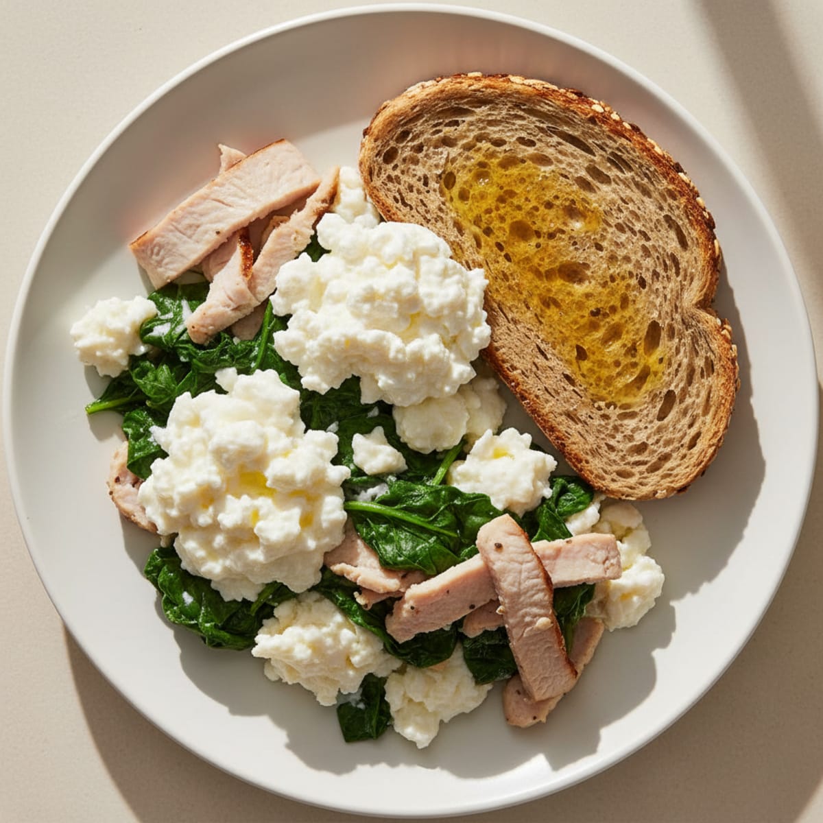 Egg White and Spinach Scramble with Cottage Cheese and Sliced Turkey