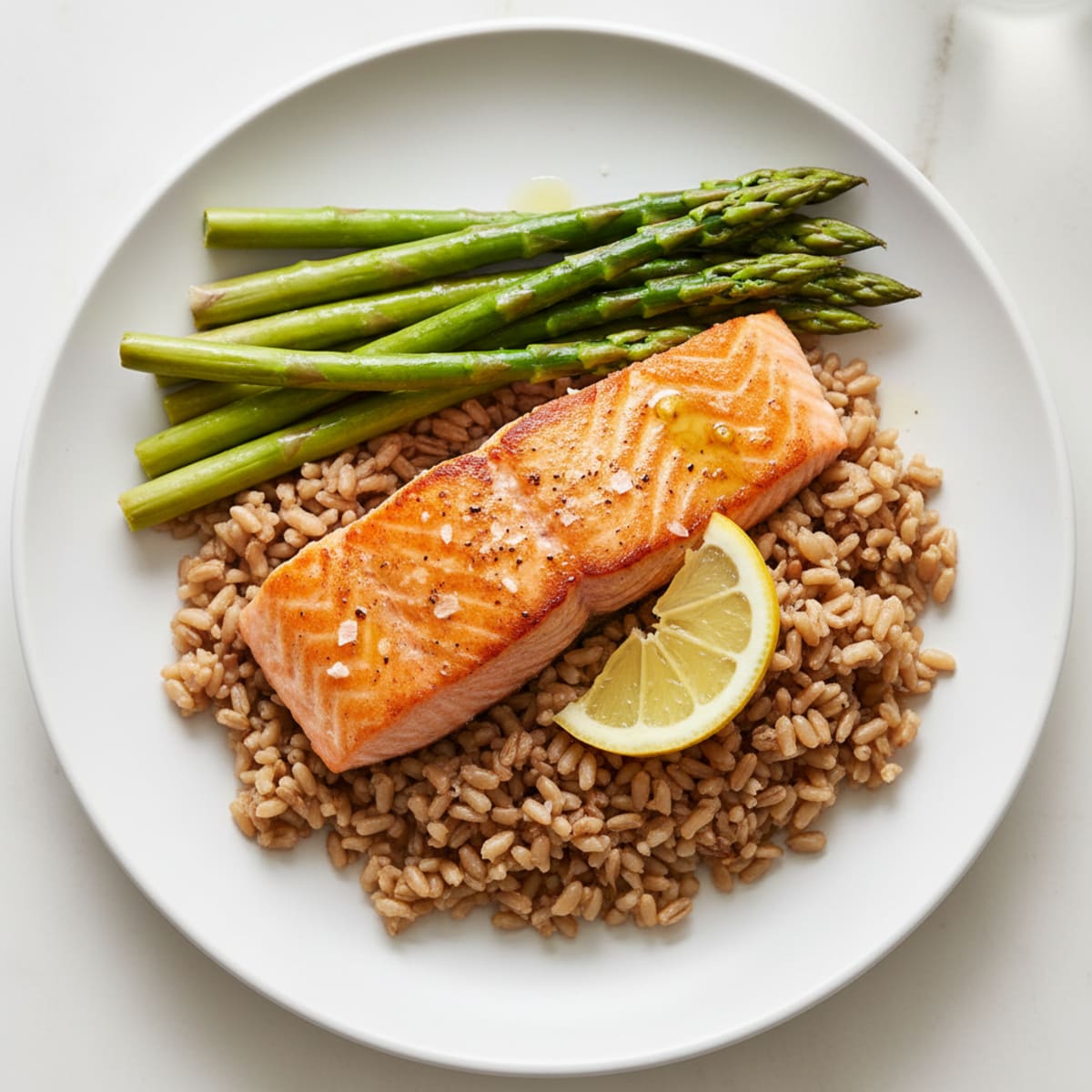 Seared Salmon Fillet with Steamed Asparagus and Brown Rice
