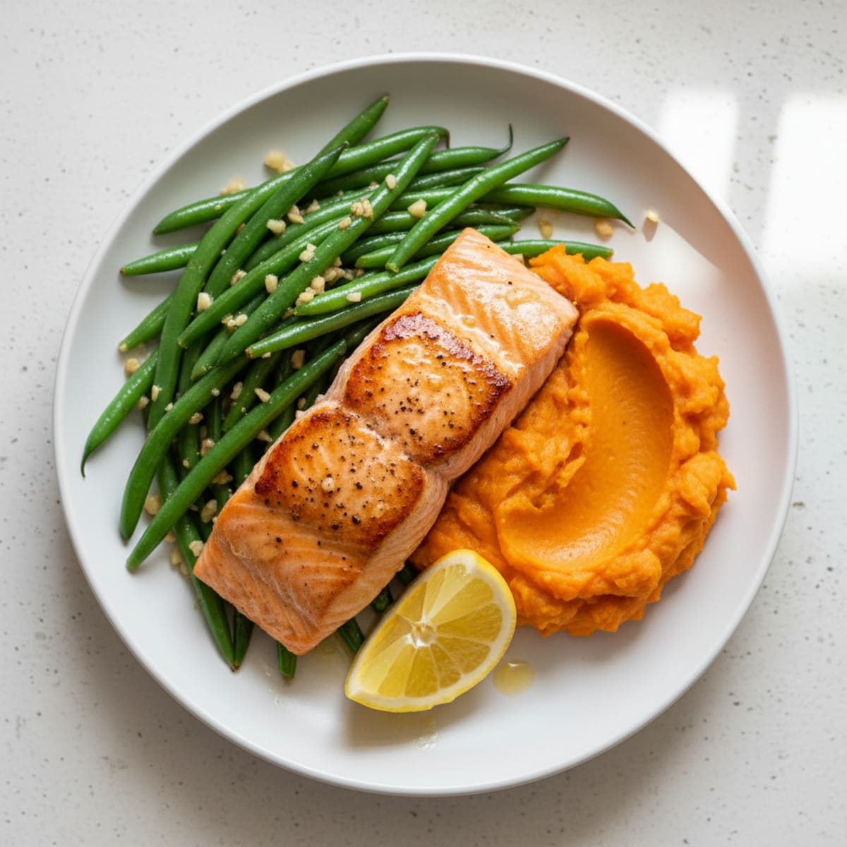 Seared Salmon with Garlic Green Beans and Sweet Potato Mash