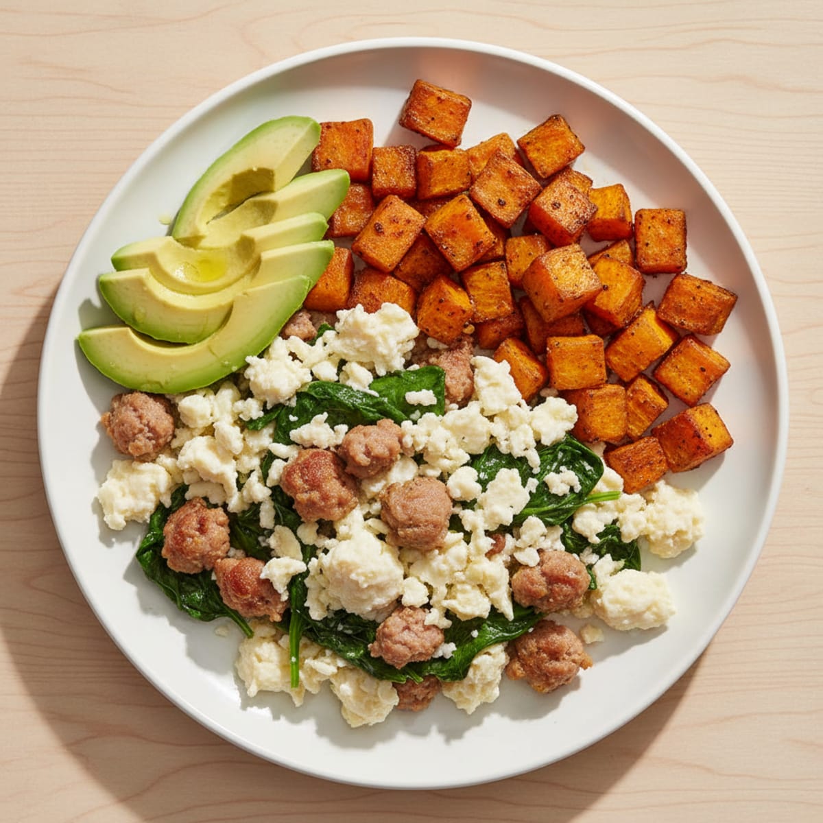 Egg White Scramble with Turkey Sausage and Sautéed Spinach